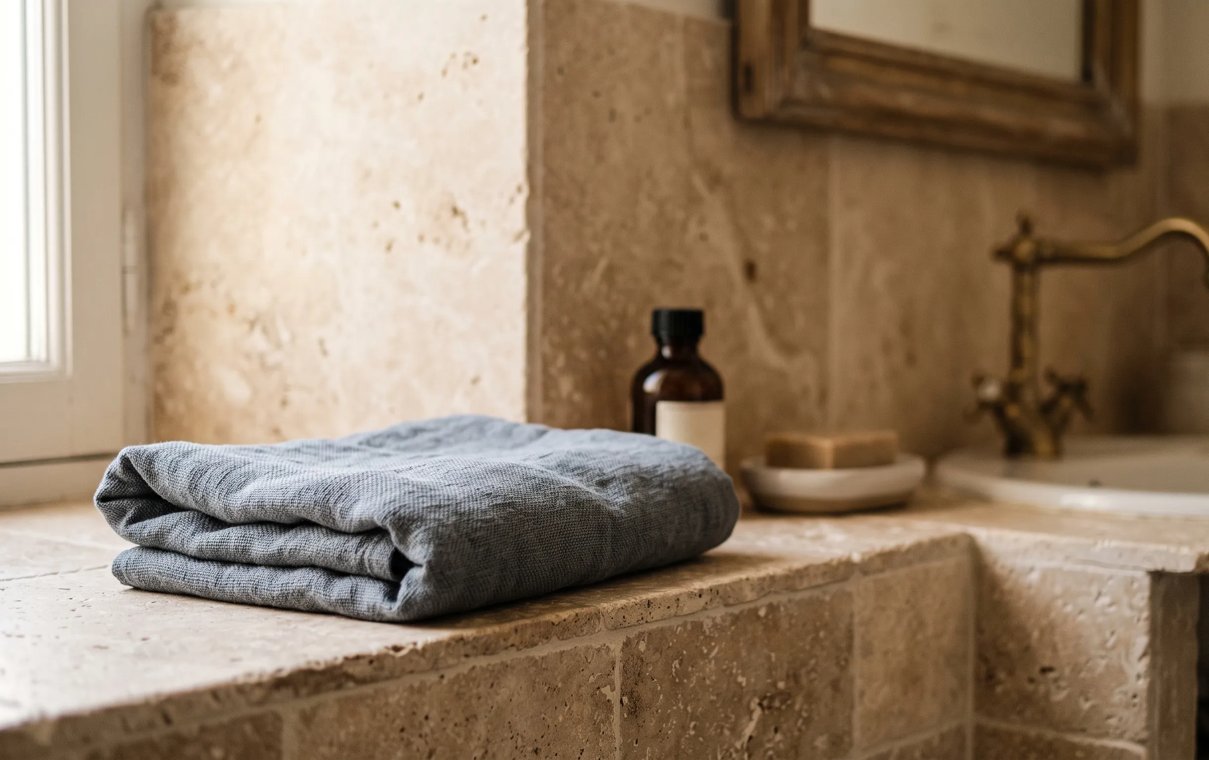 salle de bain travertin : Gros plan sur la texture élégante du travertin beige associé à du linge de maison bleu ardoise dans une salle de bain.