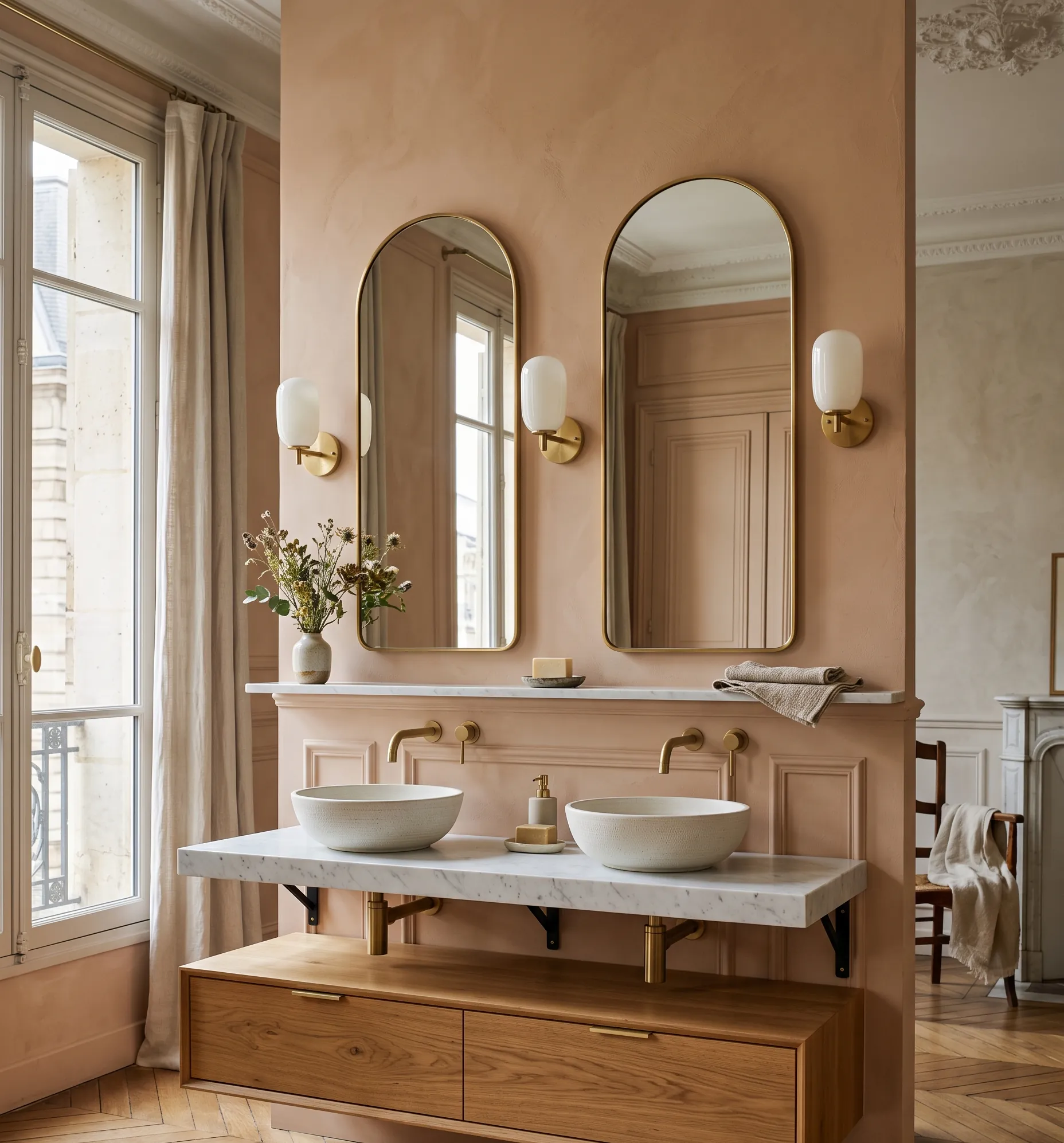 Meuble double vasque suspendu en bois chaleureux dans une salle de bain moderne.