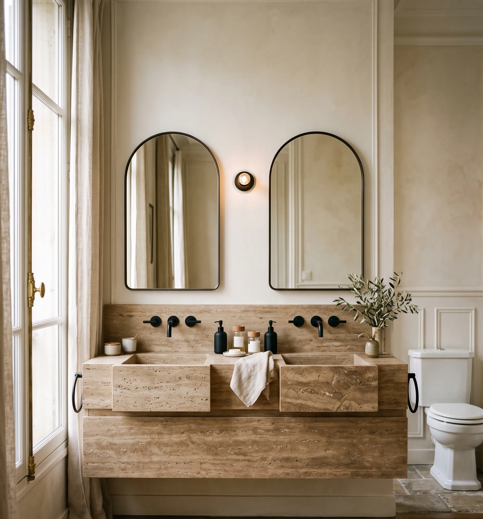 Installation d'une double vasque en travertin avec robinetterie noire mate dans une salle de bain lumineuse.