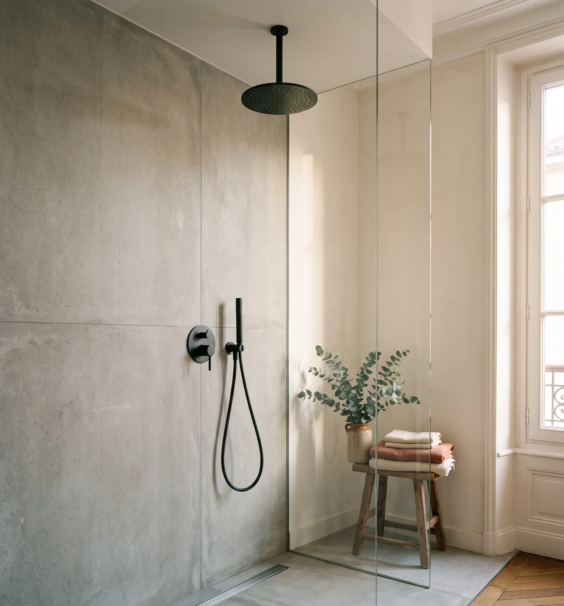 Espace douche à l'italienne spacieux habillé de grands carreaux effet béton ciré.