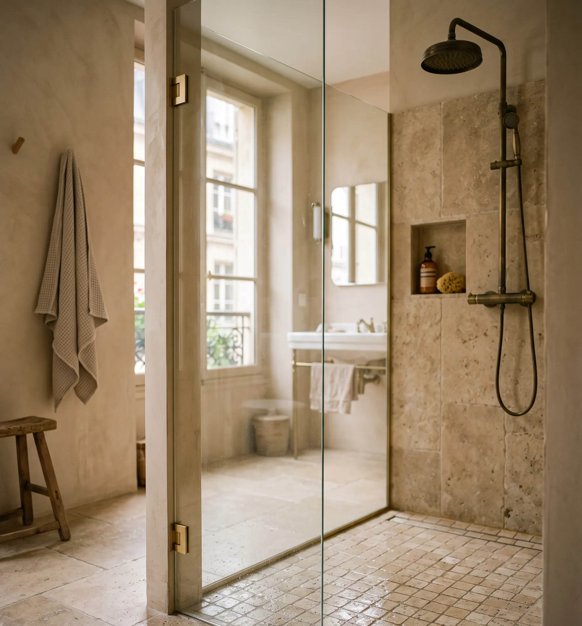 Douche à l'italienne spacieuse dotée d'un sol en mosaïque de travertin et d'une paroi vitrée épurée.