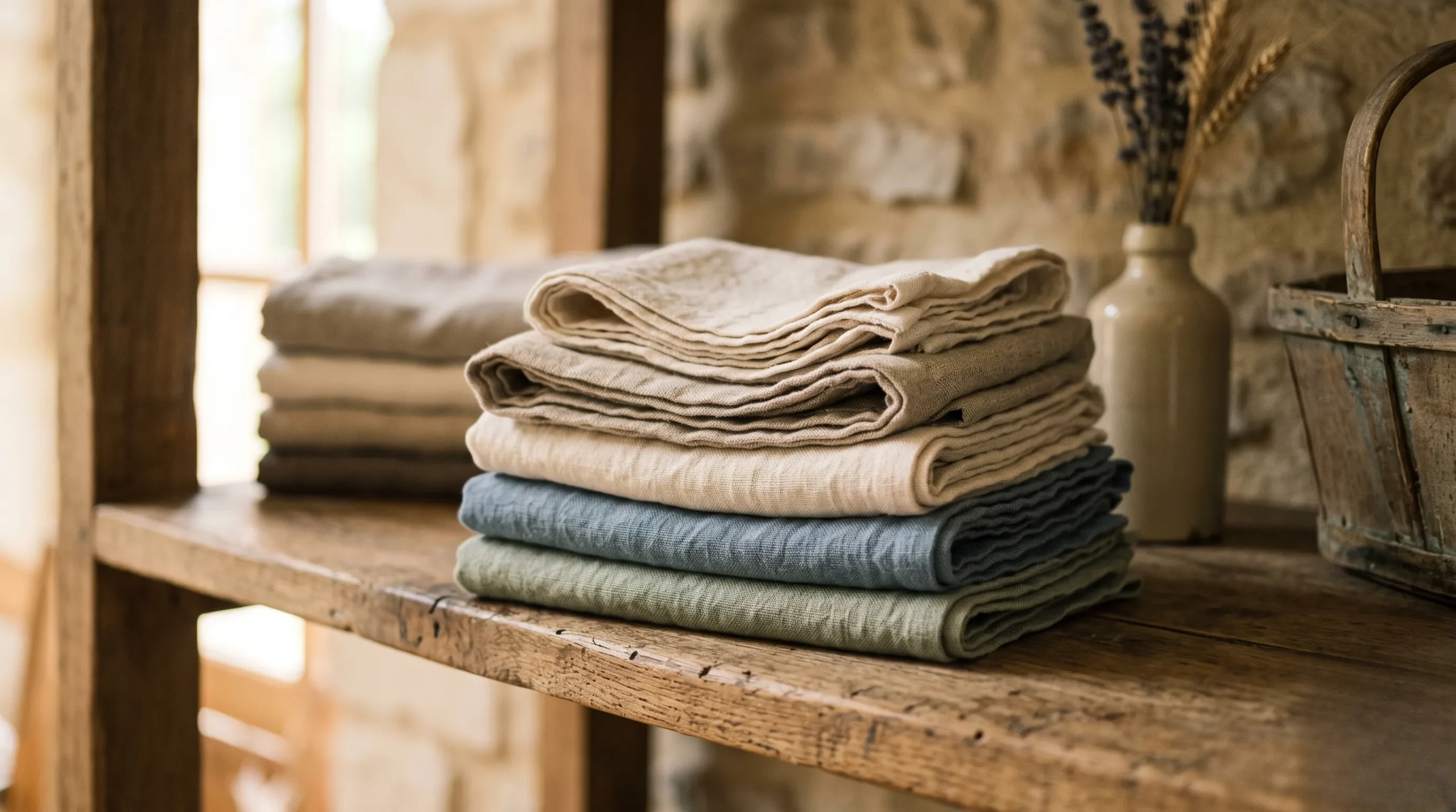 dressing dans salle de bain : Pile de serviettes en lin blanc rangées sur une étagère en bois clair