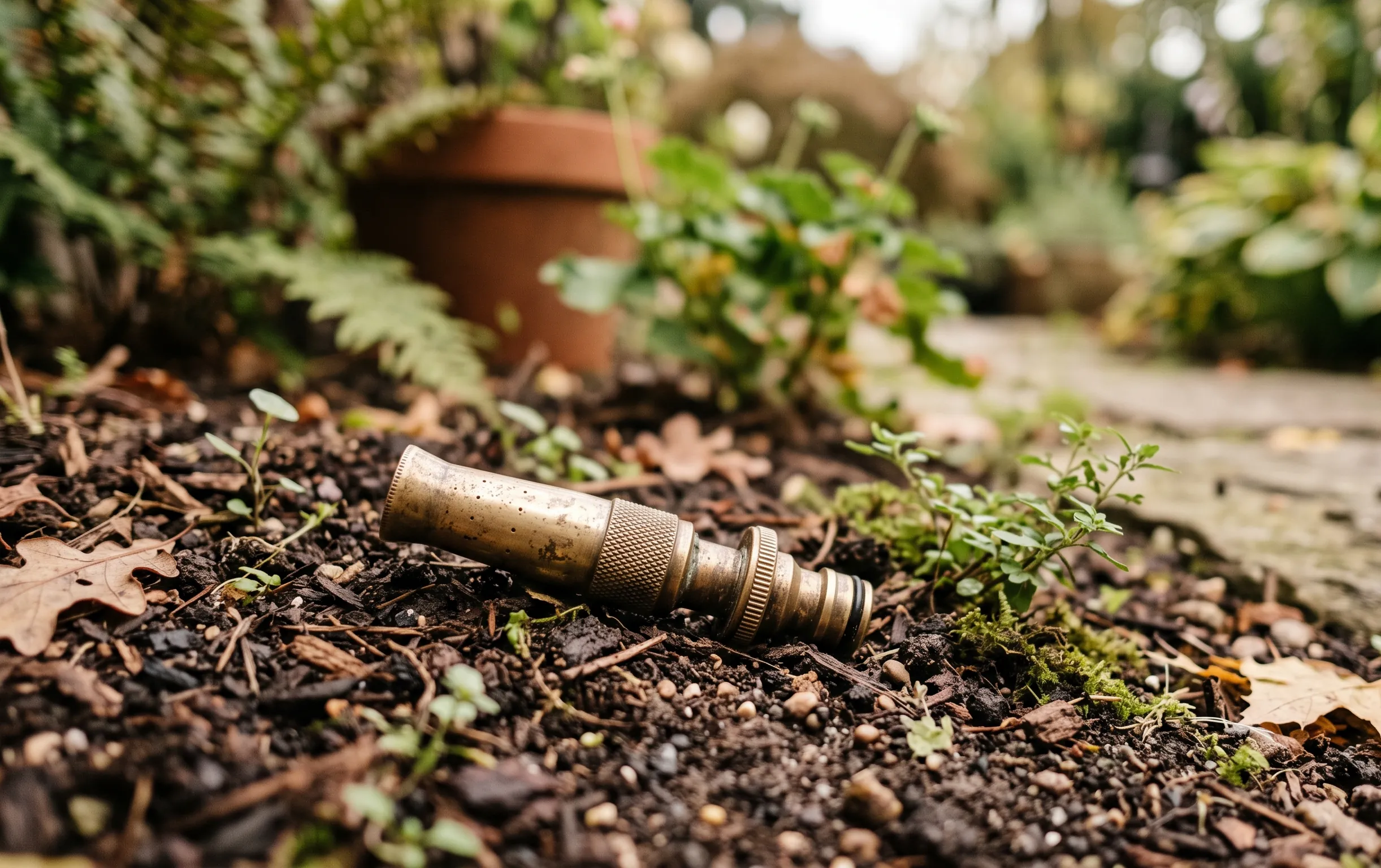 arrosage automatique : Détail d'un raccord d'arrosage posé sur la terre sombre du jardin