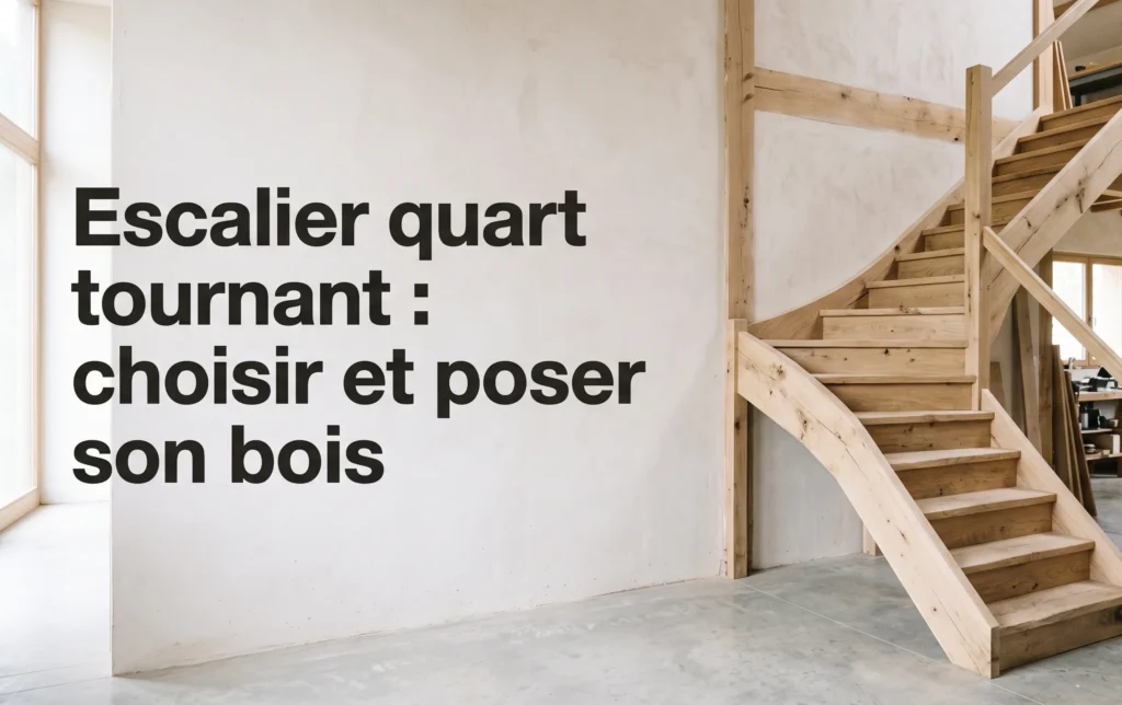 Une structure d'escalier quart tournant en bois brut dans un espace épuré