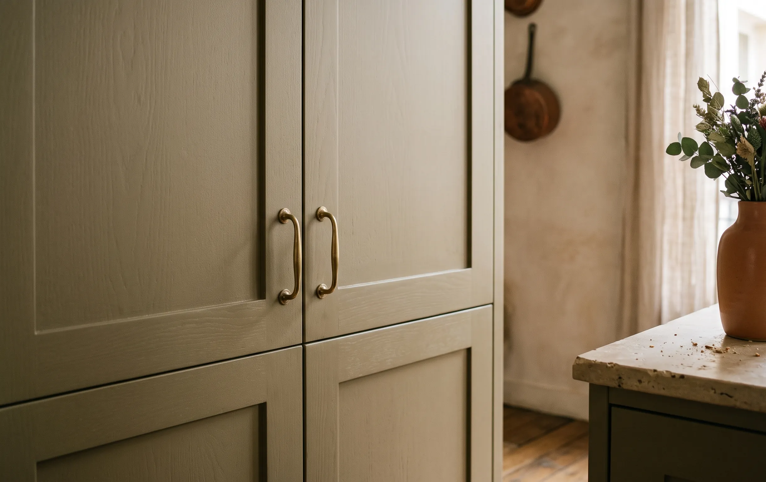 Gros plan sur des façades de placards de cuisine peintes en couleur kaki mat