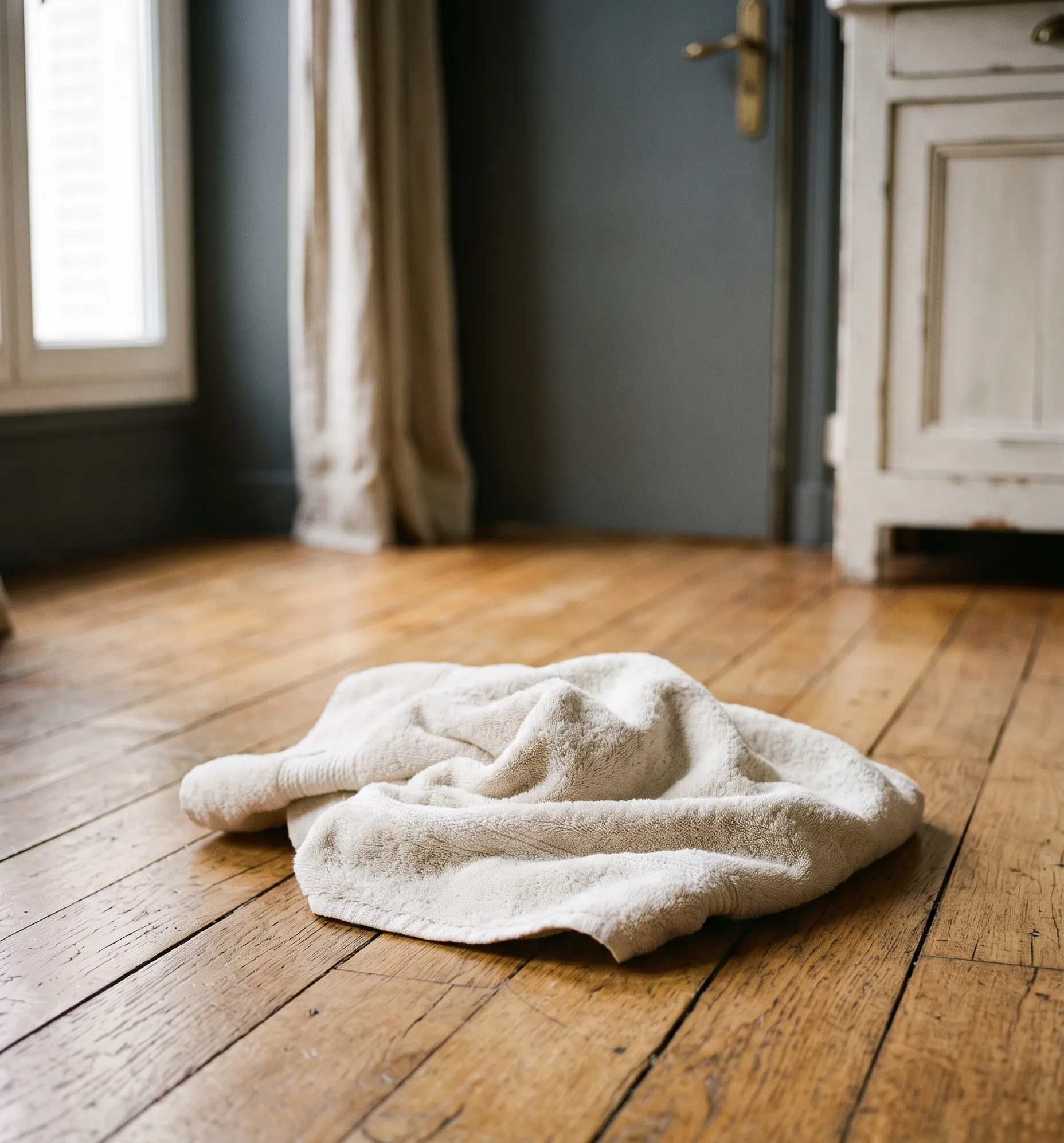 Linge de bain en coton posé sur un parquet en bois chaleureux