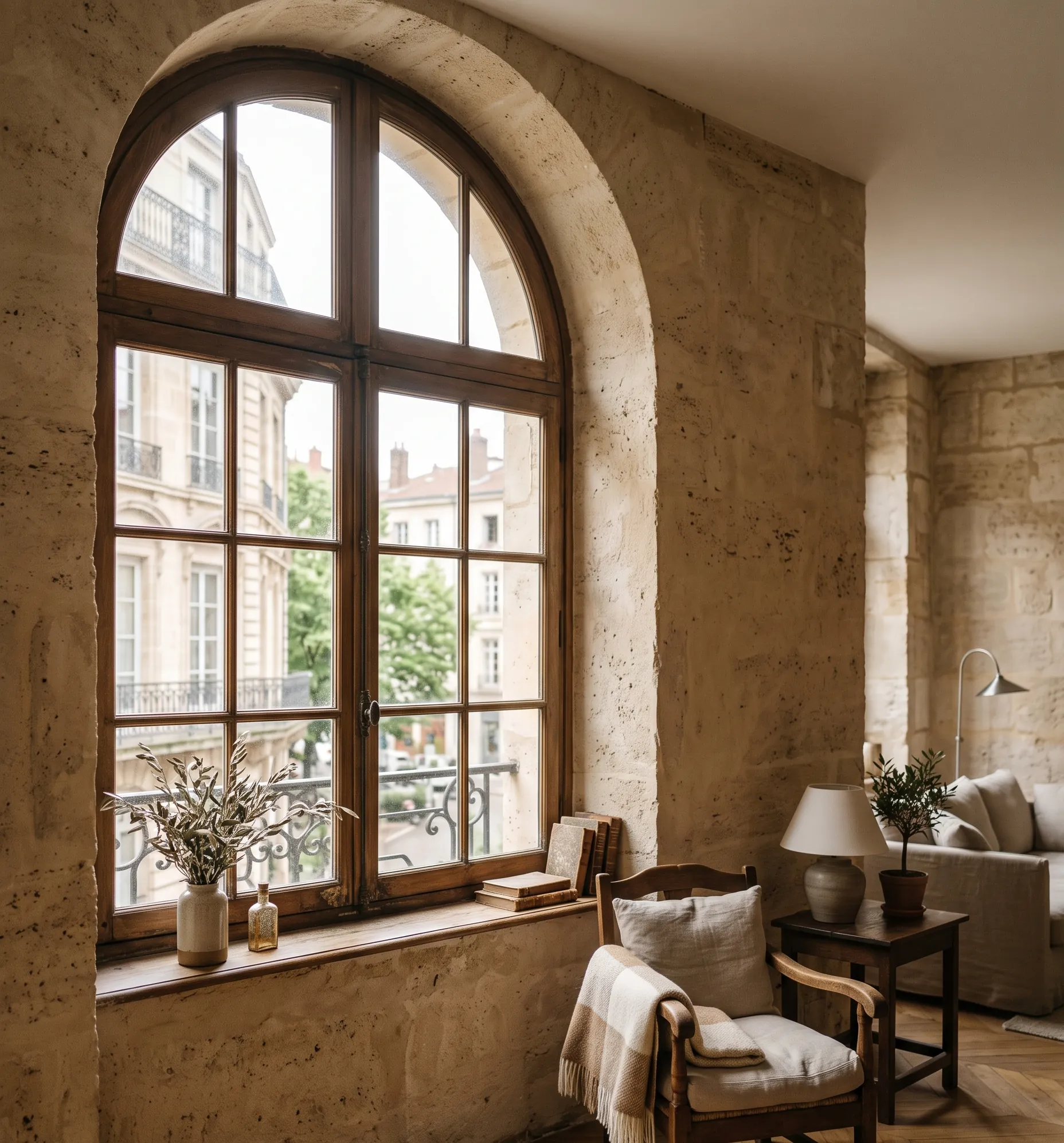 Fenêtre cintrée baignant de lumière naturelle une salle de bain aux murs en travertin.