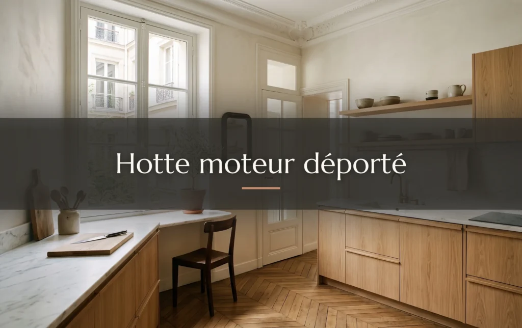 Vue d'ensemble d'une cuisine ouverte épurée dans un appartement français baignée d'une douce lumière naturelle