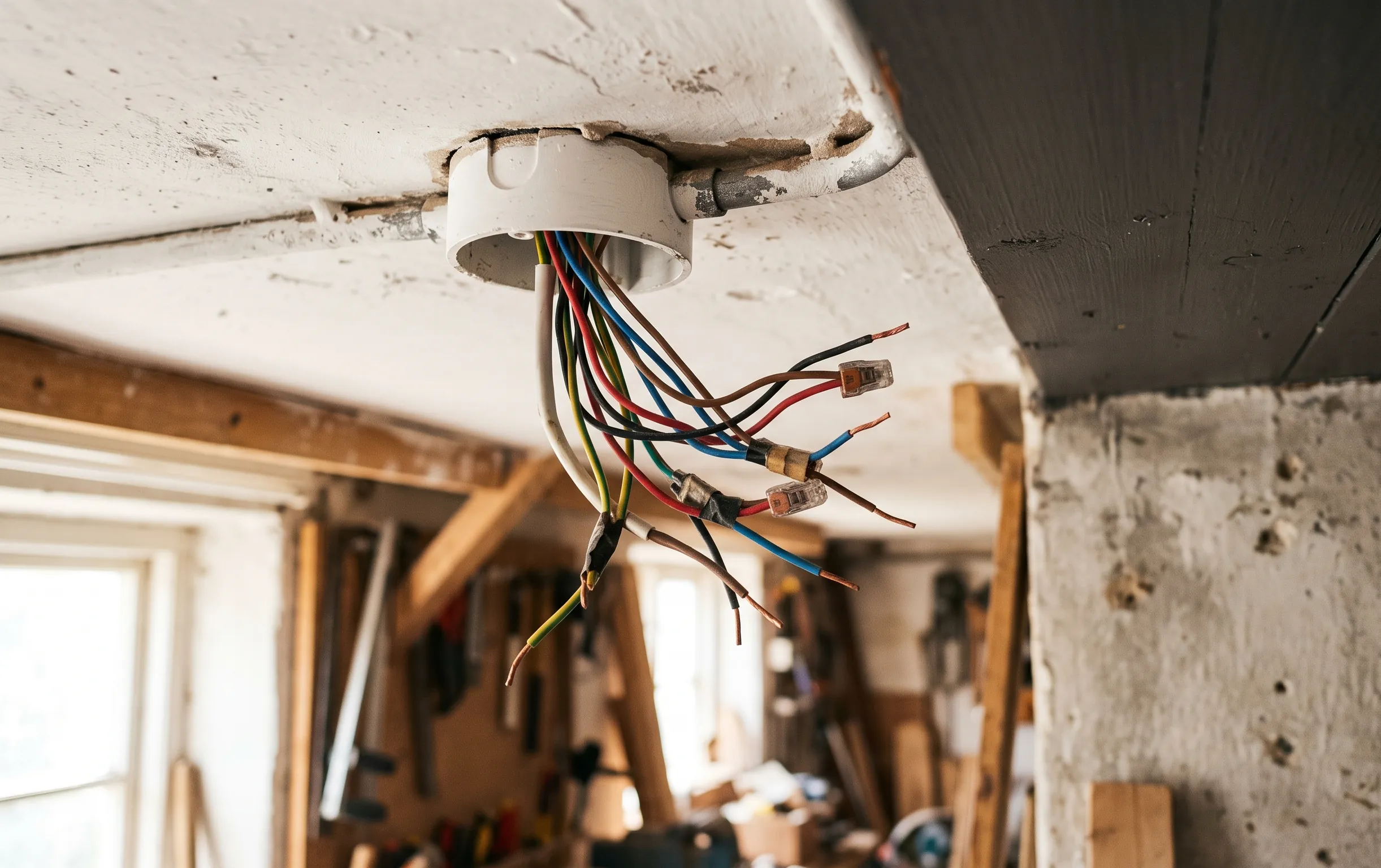 Fils électriques apparents sortant du plafond avant d'installer un spot en applique