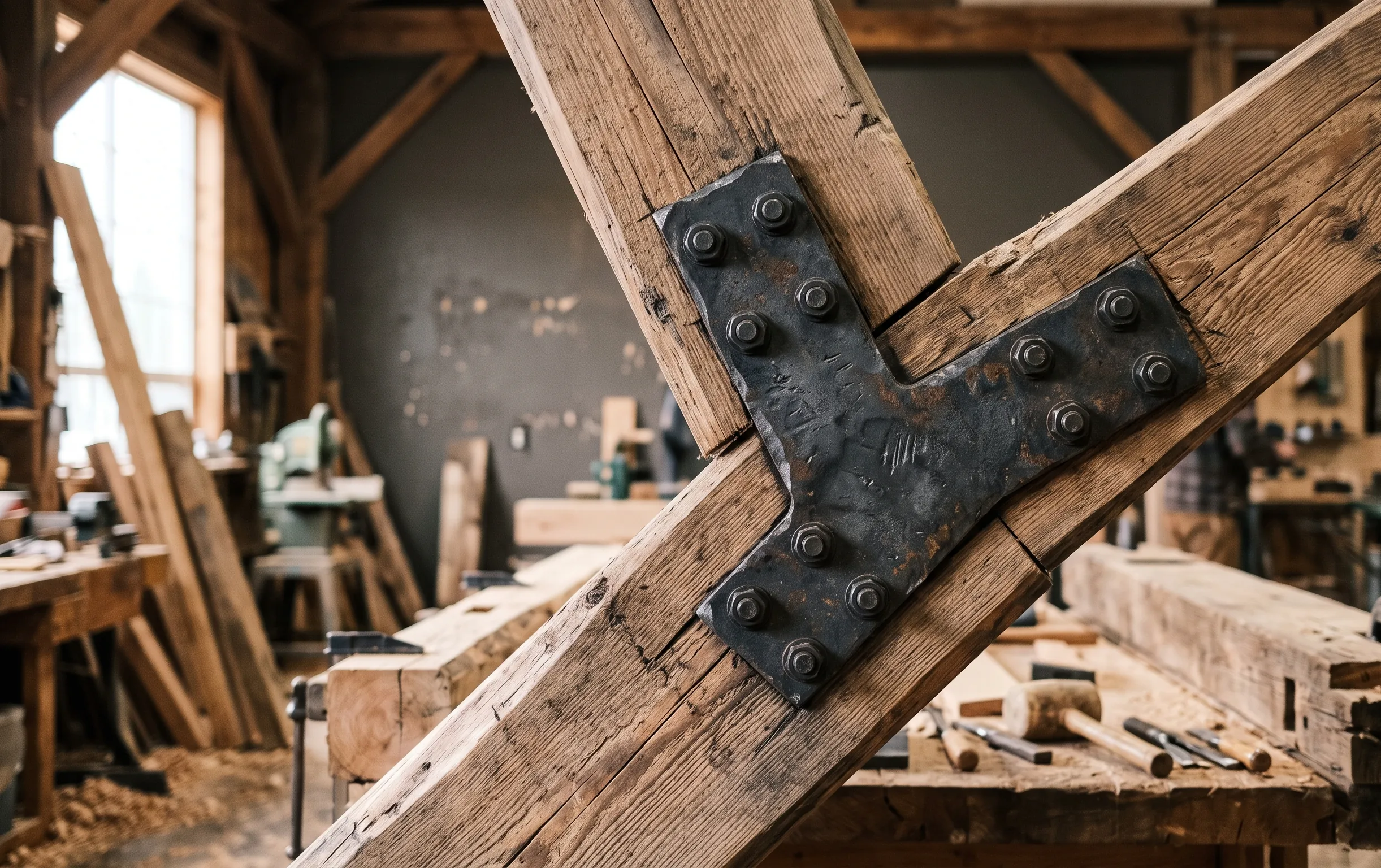 Assemblage de poutres en bois et fixations en acier pour valider la faisabilité technique de la mezzanine
