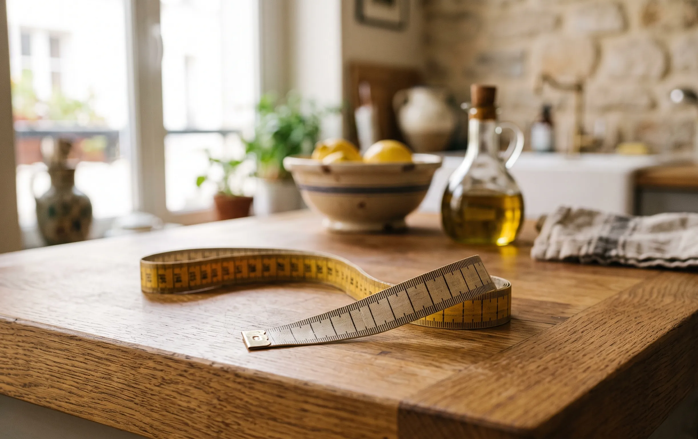 Détail d'un plan de travail de cuisine avec un mètre ruban illustrant les distances d'aménagement.