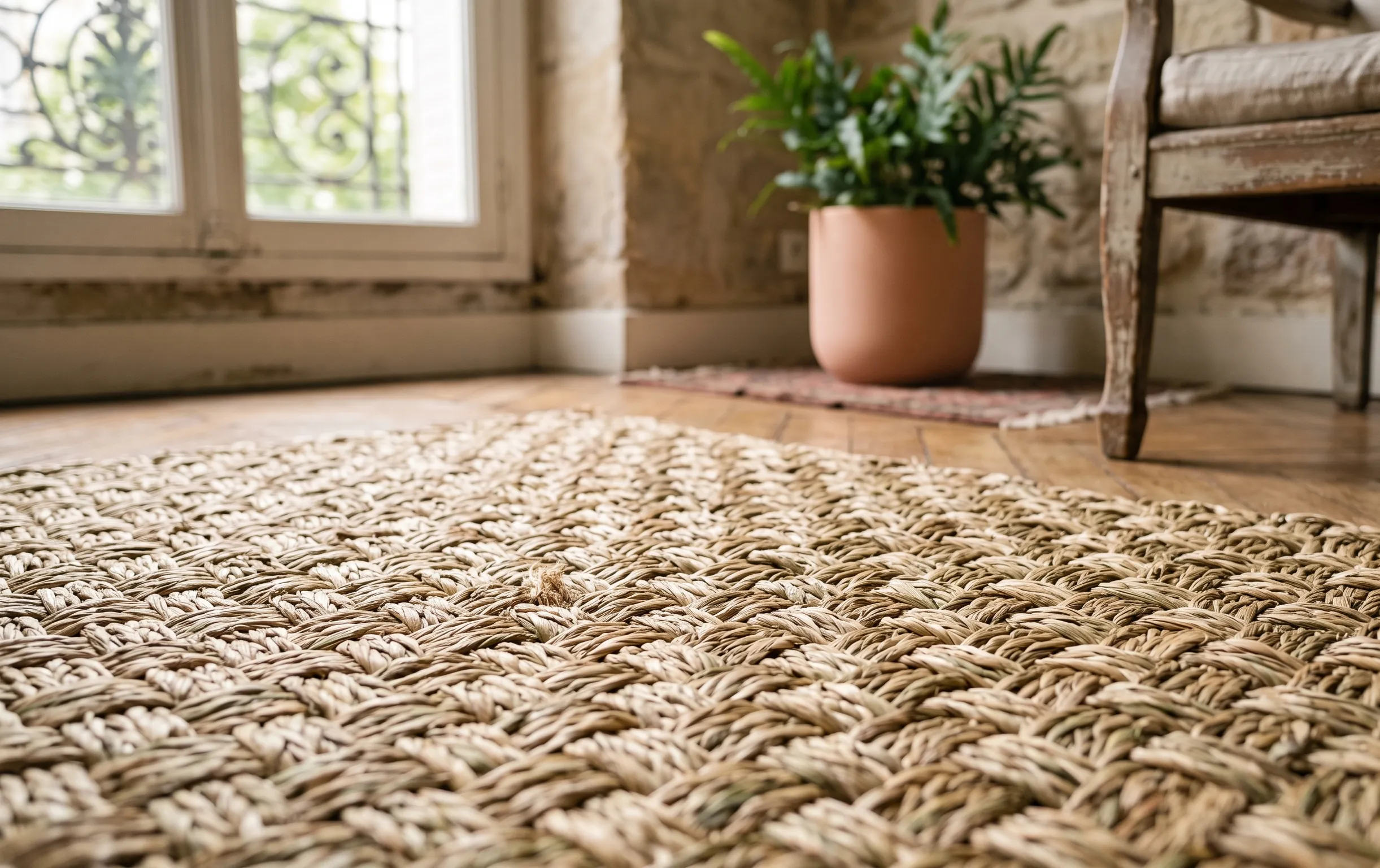 Gros plan sur la texture tressée des fibres de jonc de mer avant de choisir ce revêtement