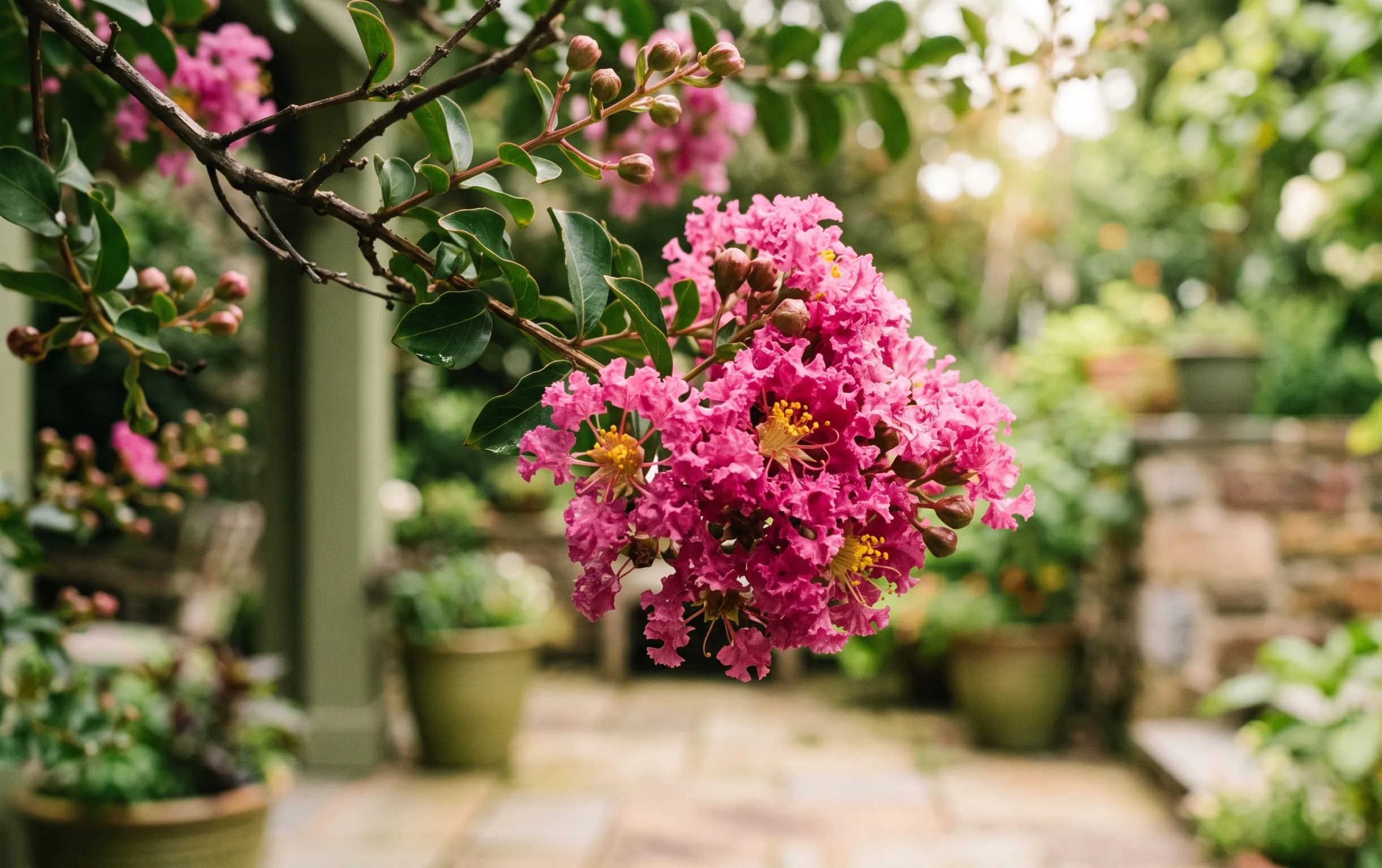 Gros plan sur les fleurs roses d'un lila des indes avant de le cultiver en pot