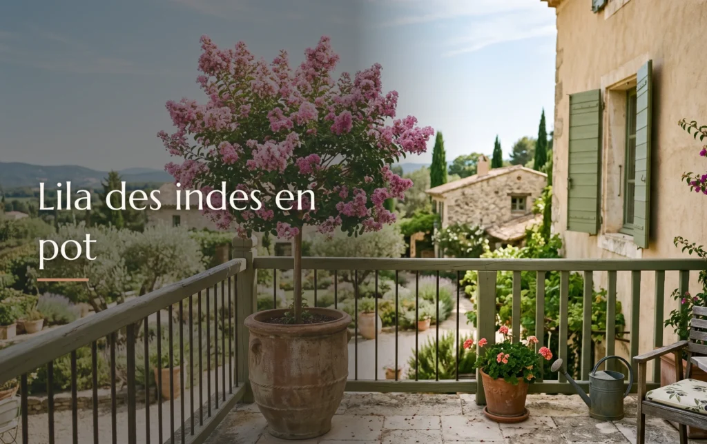 Lila des indes en pot fleuri sur une terrasse ensoleillée avec un feuillage vert éclatant