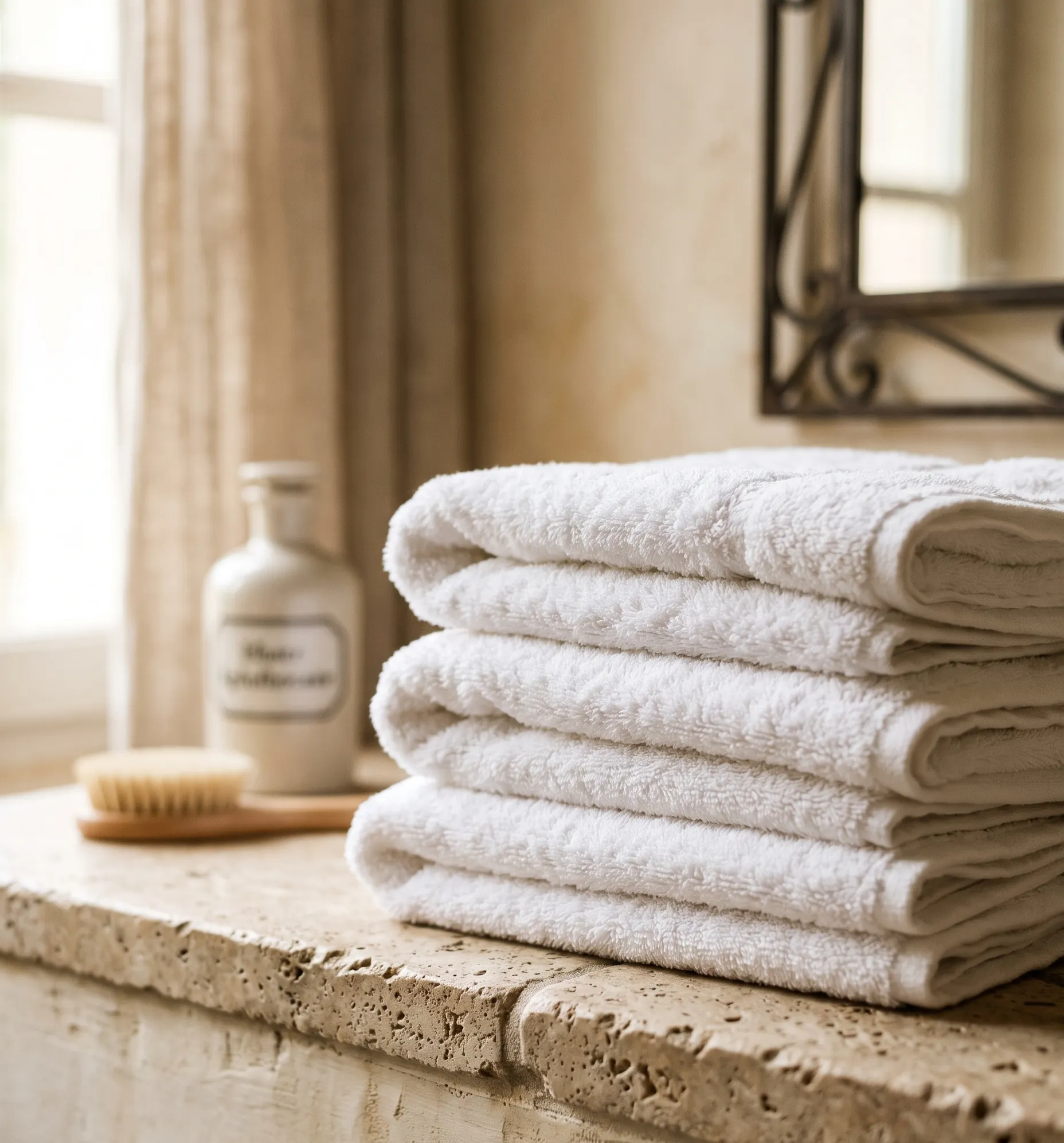 Empilement de serviettes de bain blanches posées sur une tablette en pierre de travertin.