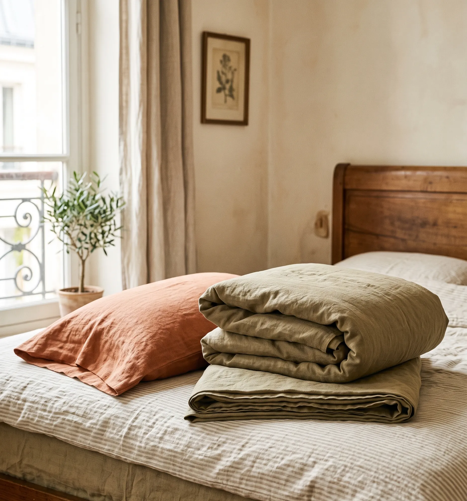 Détail de linge de lit en lin lavé couleur kaki pour une chambre apaisante