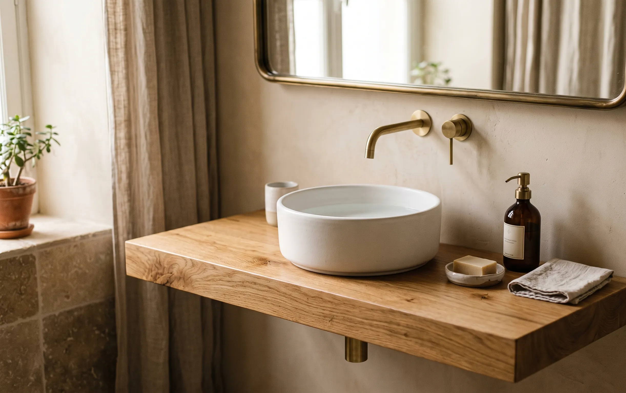 Détail d'un plan de toilette suspendu en bois clair surmonté d'une vasque blanche épurée.