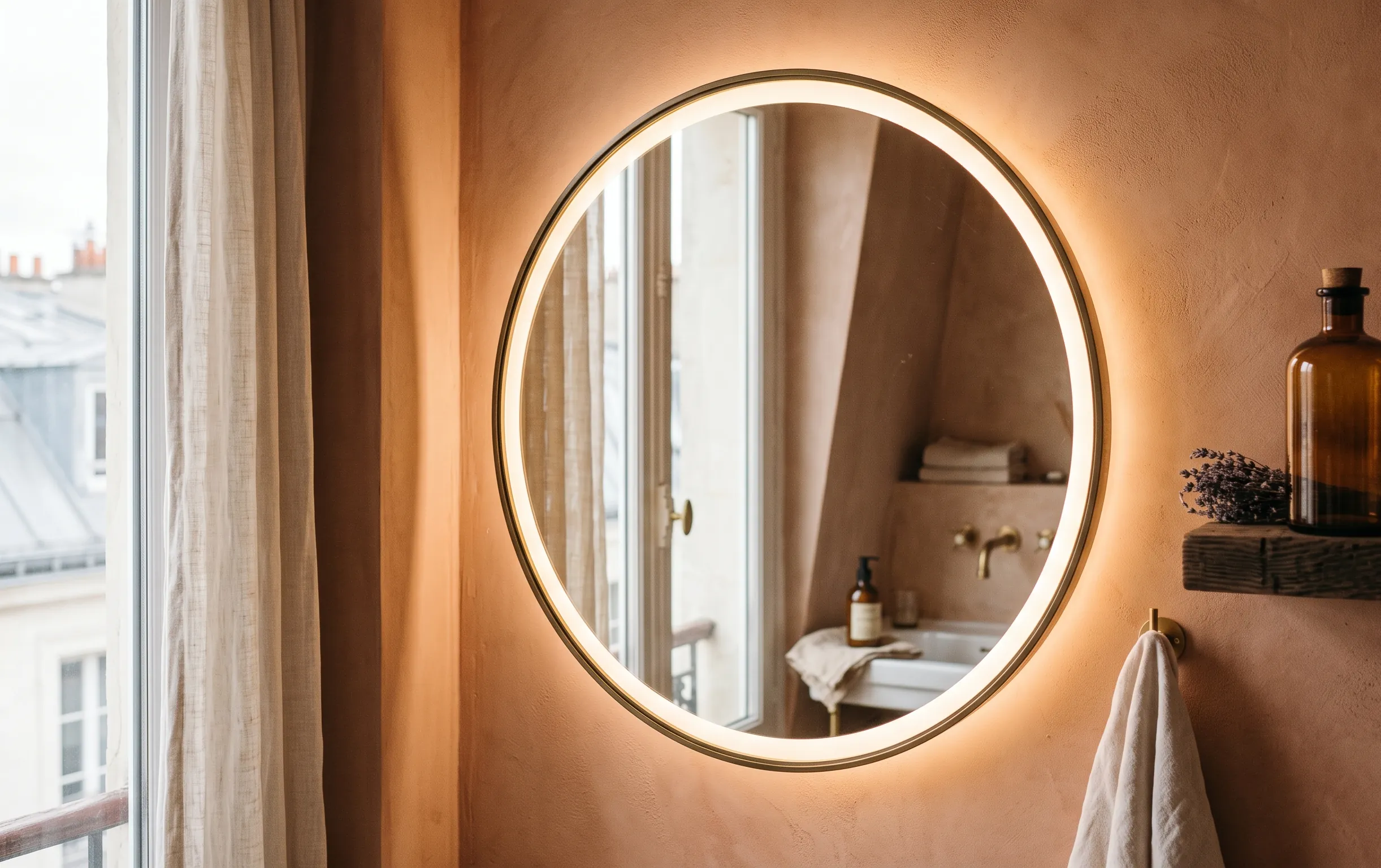 Gros plan sur un miroir rond rétro-éclairé installé sur un mur texturé chaleureux.