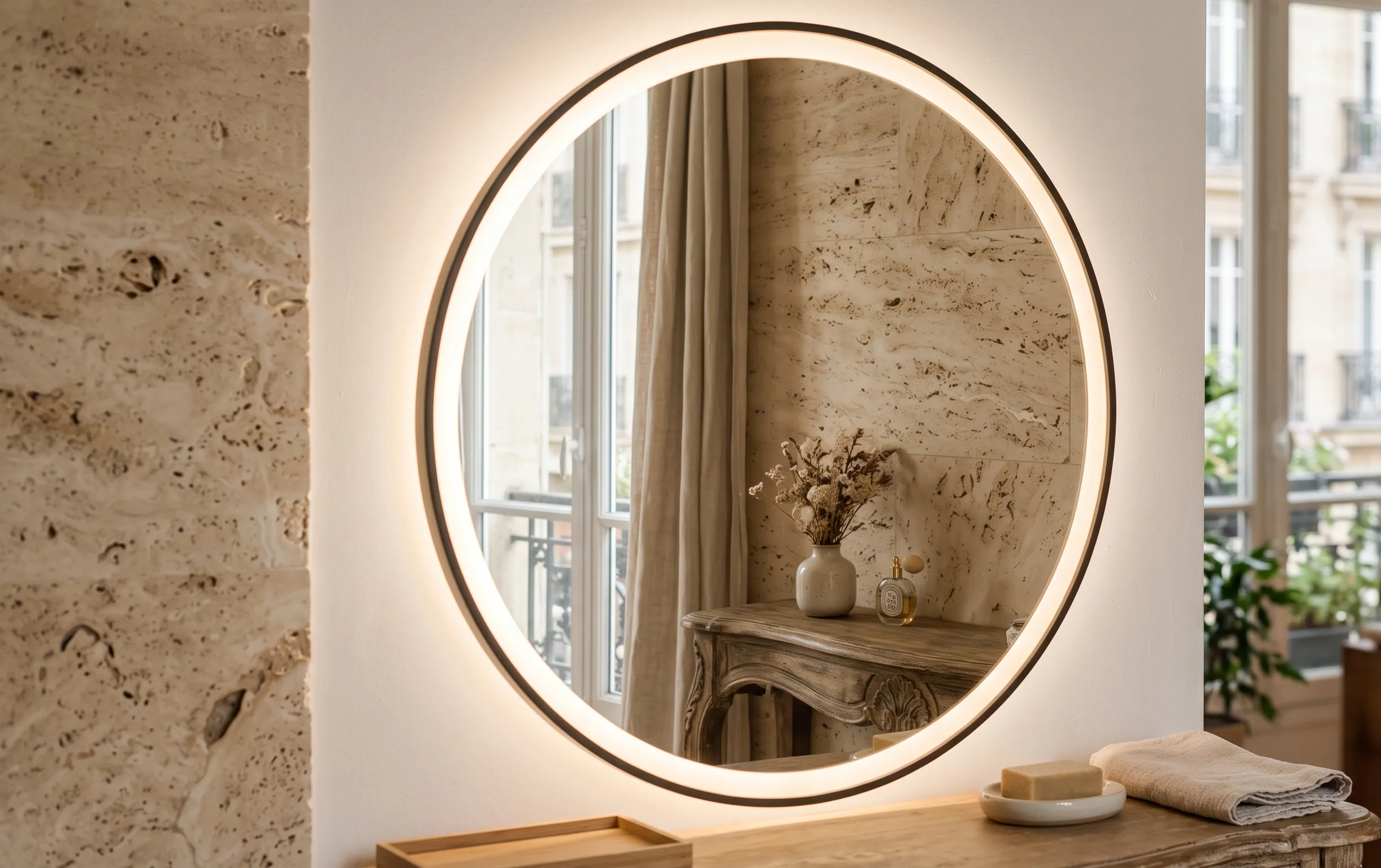 Détail d'un miroir rond contemporain accroché sur un mur habillé de dalles en travertin naturel.