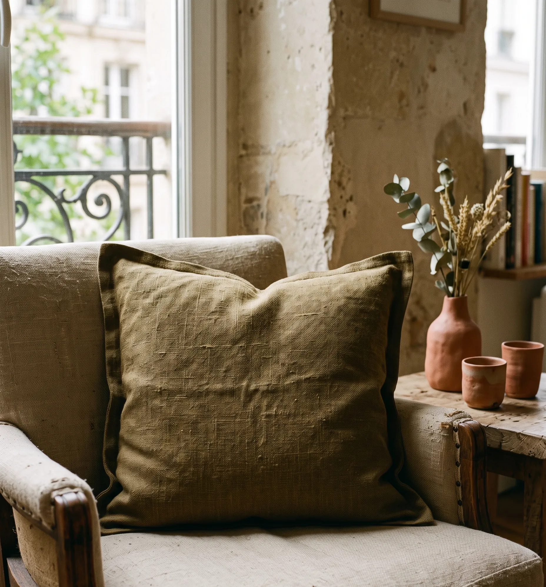 Gros plan sur un coussin en lin texturé couleur kaki posé sur un fauteuil