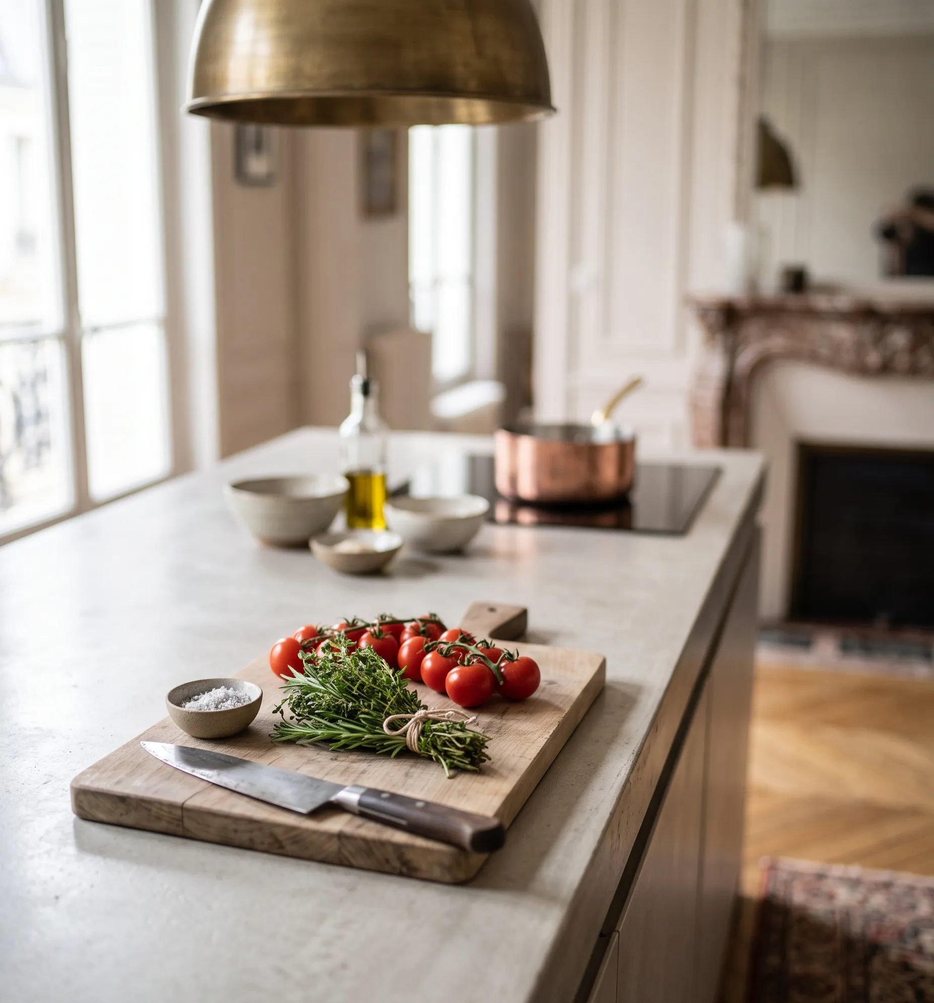 Plan rapproché d'un îlot de cuisine bas optimisé pour doubler l'espace de préparation.
