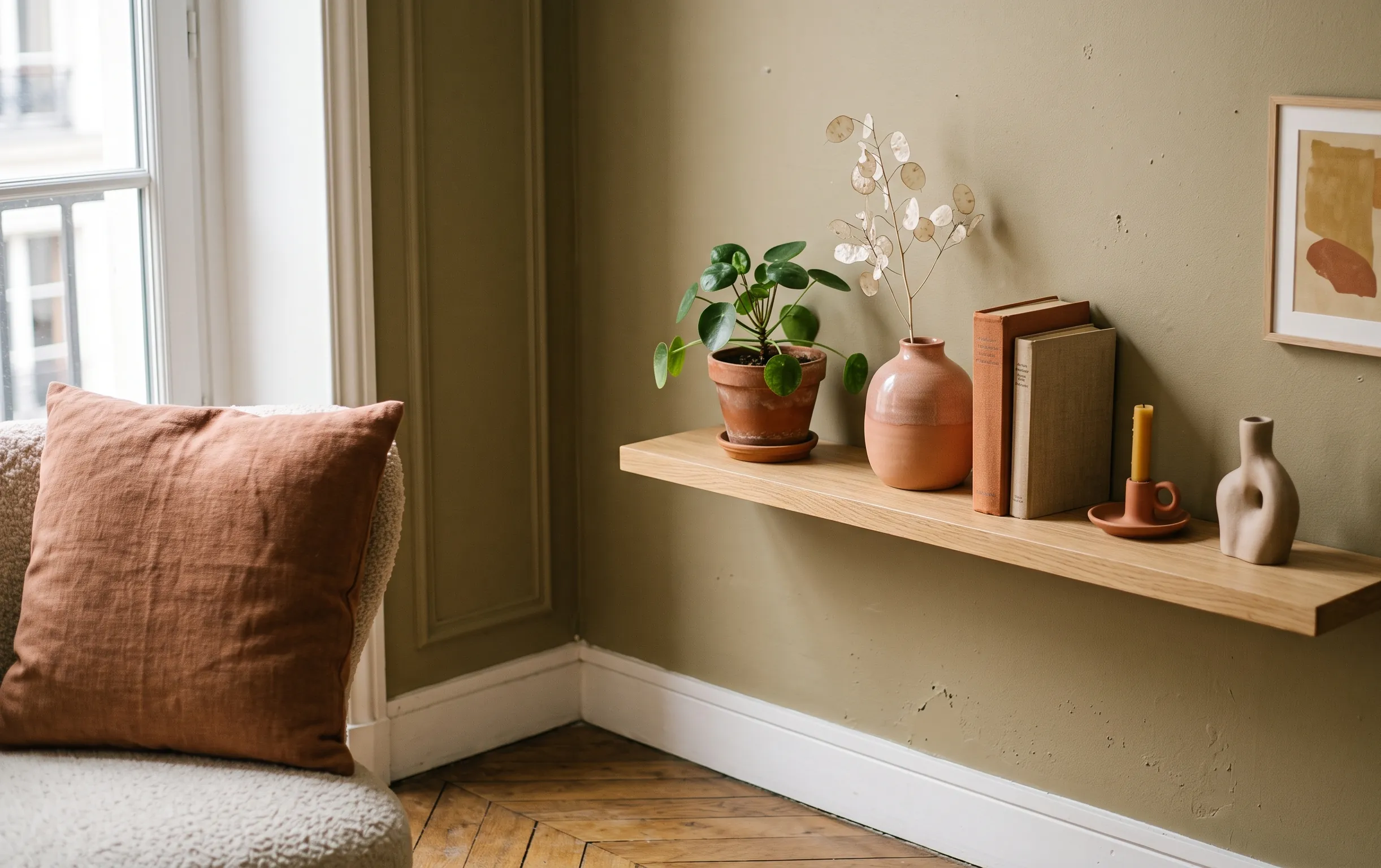 Gros plan sur un mur peint en couleur kaki mat dans un intérieur élégant