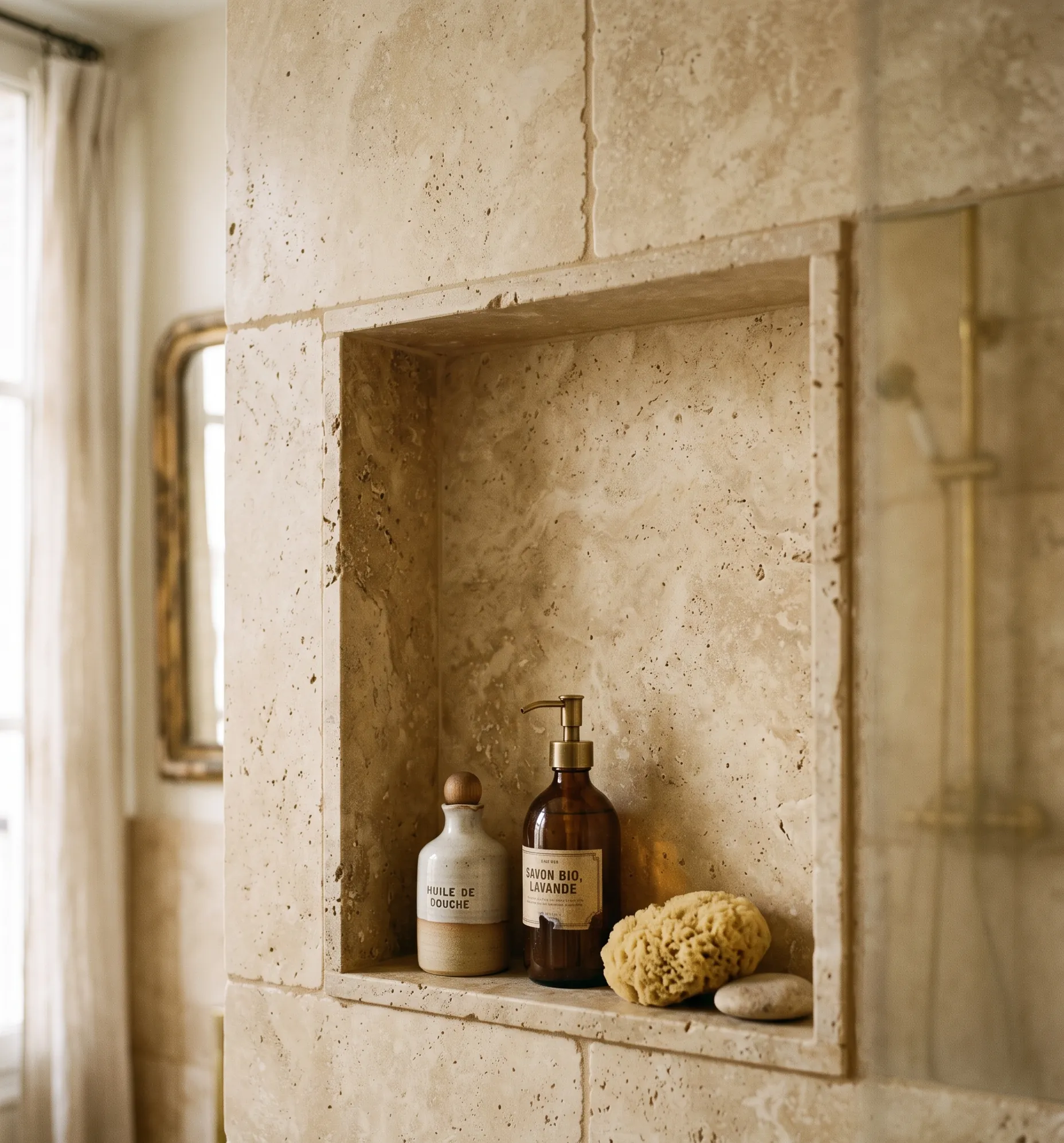 Niche de douche encastrée et habillée de plaques de travertin pour un rangement discret.