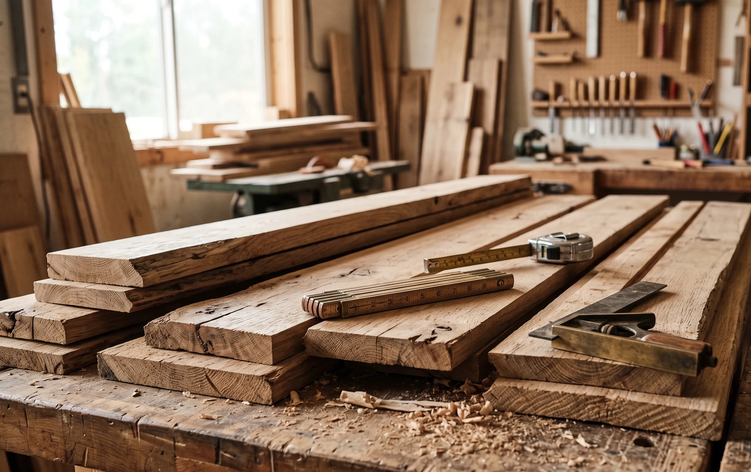 pose parquet flottant : Gros plan sur des outils de mesure posés sur des lames de bois brut