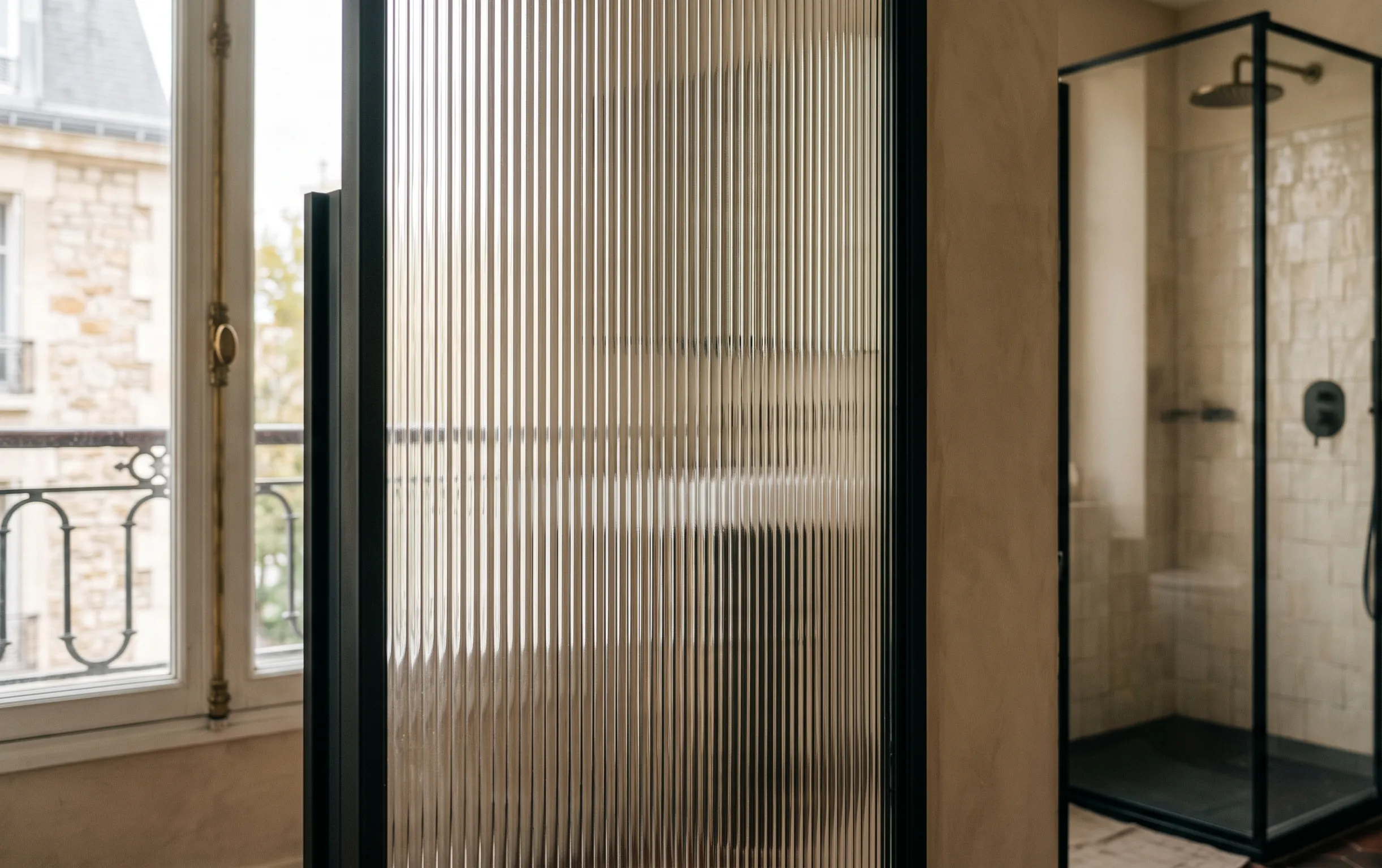 Plan rapproché d'une paroi de douche en verre cannelé avec profilé noir dans un intérieur contemporain.
