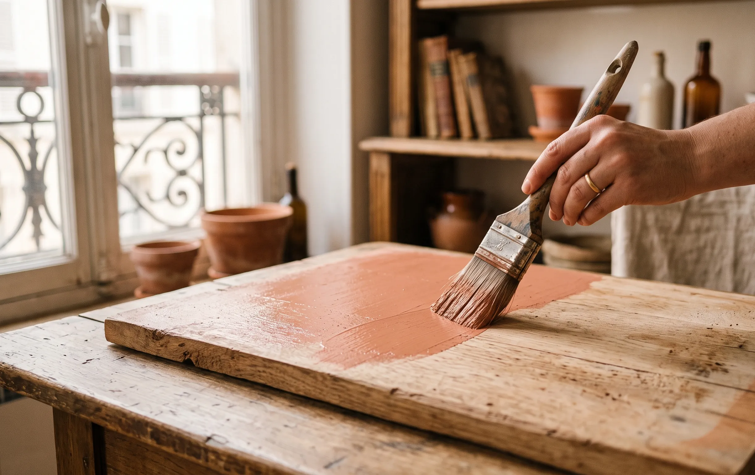 peindre une porte interieure : Gros plan sur un pinceau appliquant une peinture terre cuite douce sur un panneau de bois brut