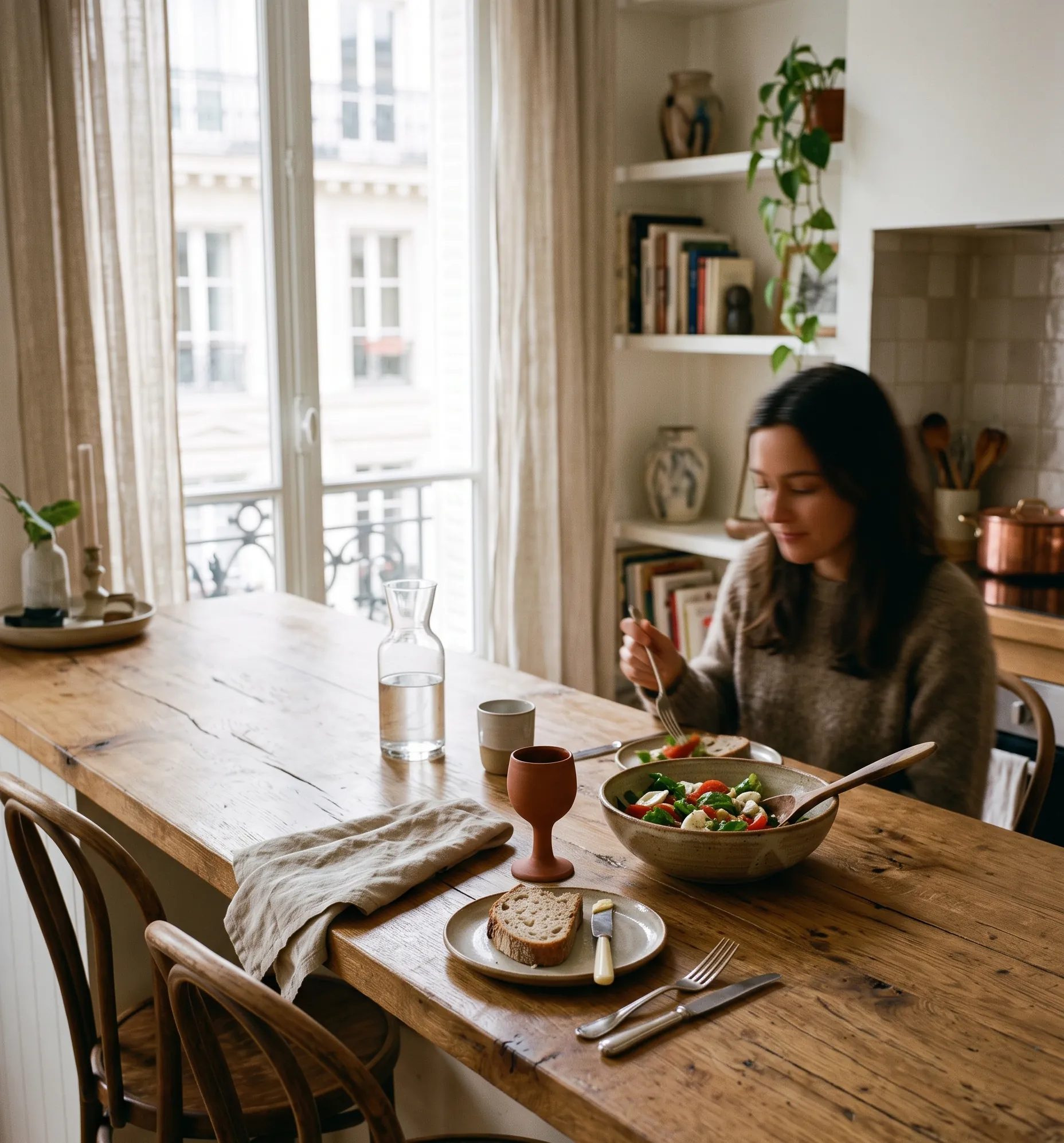 Détail d'un plan de travail XXL prolongé en table à manger sur un îlot central.