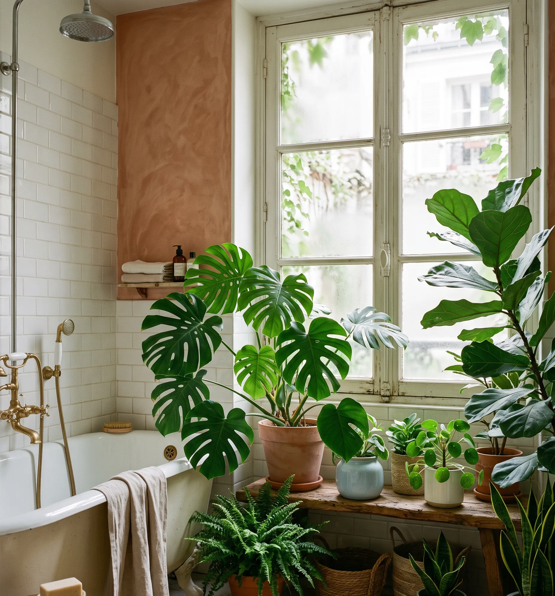 Coin végétalisé avec une grande plante verte profitant de la lumière naturelle de la pièce d'eau.