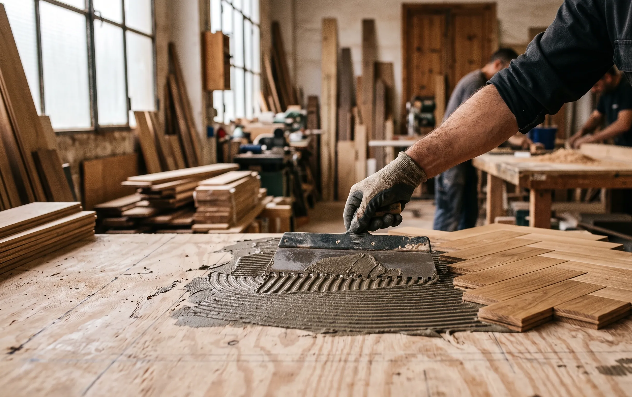 Gros plan sur l'application de colle pour la pose d'un parquet de salle de bain