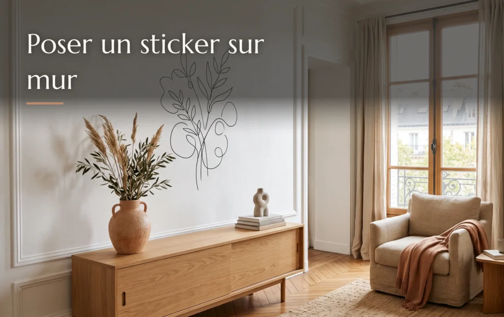 Mur blanc minimaliste d'un appartement français baigné d'une lumière douce pour poser un sticker sur mur