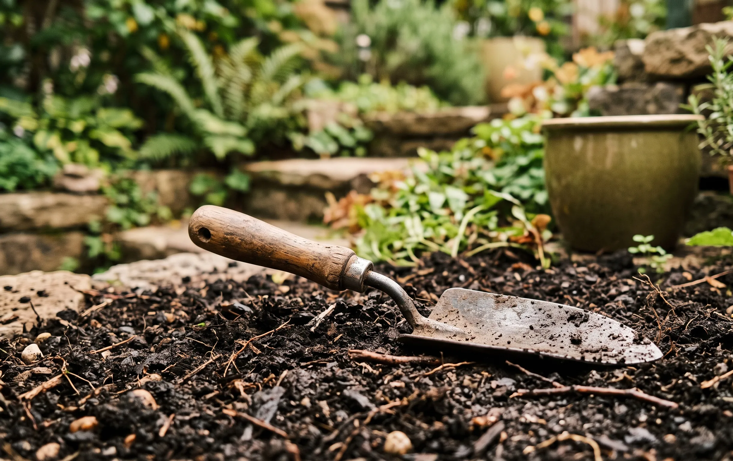 avec la lune jardiner : Détail d'un outil de jardin posé sur une terre riche et sombre au milieu des plantations extérieures