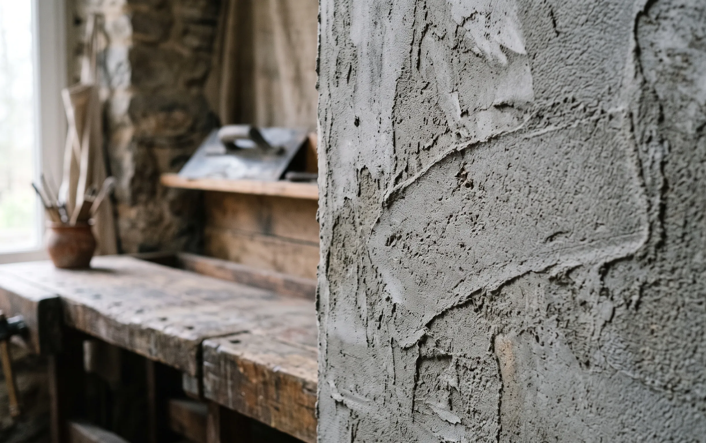 prix du m2 enduit : Détail de la texture d'un enduit de façade brut taloché à la main