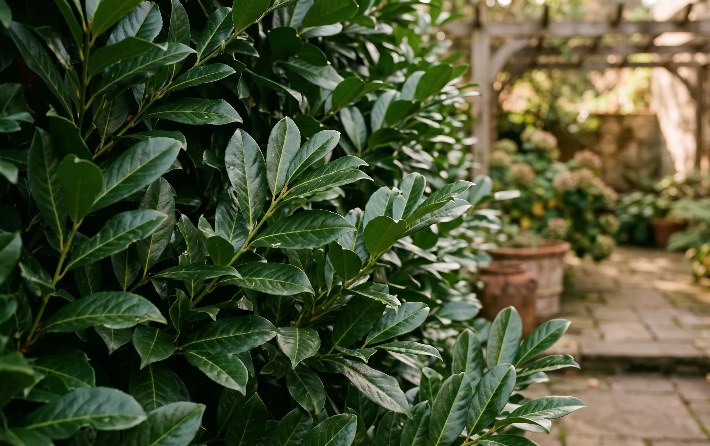 quand tailler une haie de laurier : Gros plan rapproché sur des feuilles de laurier vert olive sous la lumière douce du jardin
