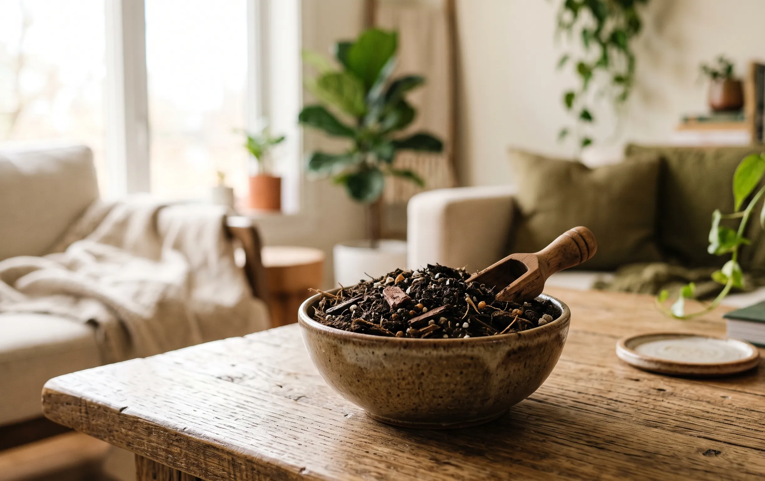 remede de grand mere contre les moucherons dans les plantes : Gros plan sur la terreau et les ingrédients naturels nécessaires pour soigner les plantes d'intérieur