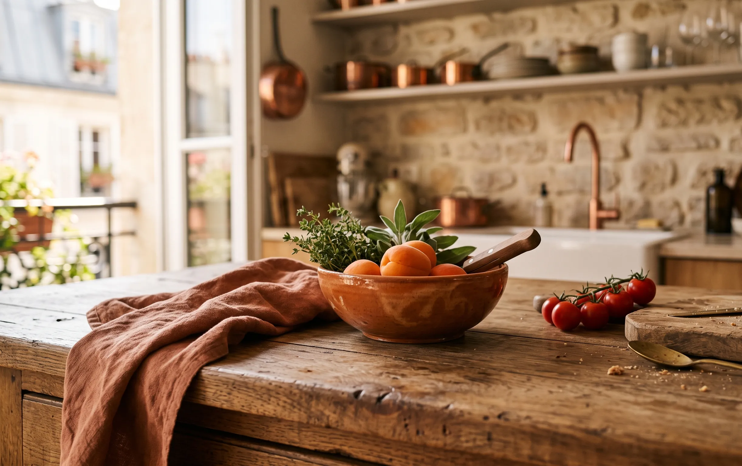 cuisine ilot central : Gros plan sur la surface en bois d'un îlot de cuisine central dans un intérieur français chaleureux.
