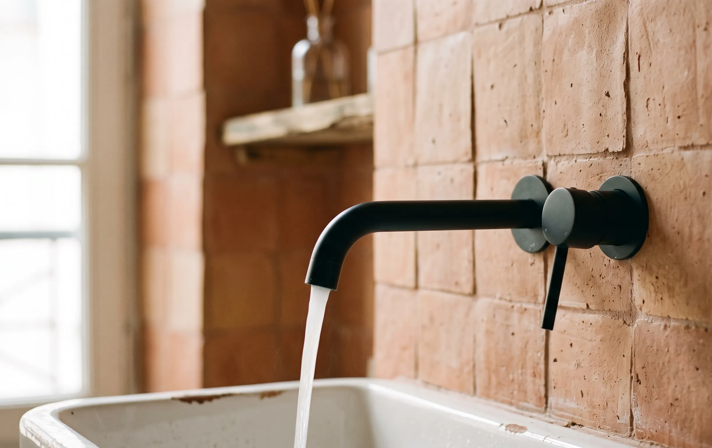 salle de bain moderne : Gros plan sur un mitigeur noir mat moderne fixé sur un mur en carrelage texturé couleur terre cuite.