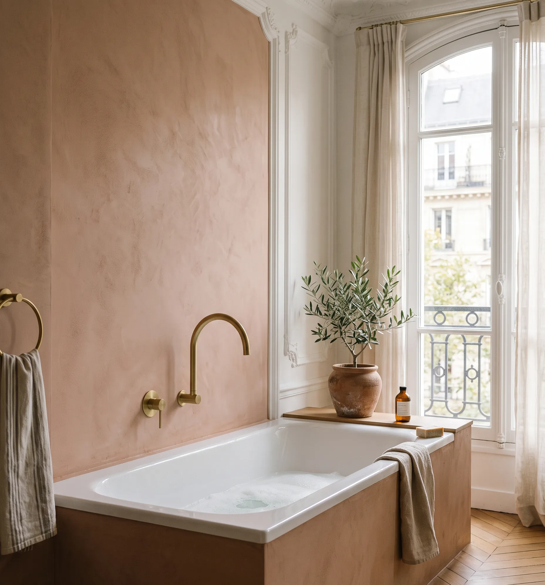 Robinetterie murale en laiton brossé surplombant une baignoire aux lignes contemporaines.