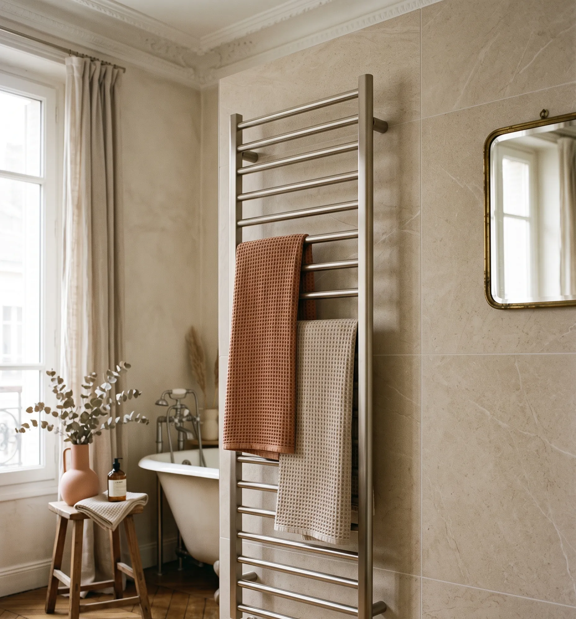 Sèche-serviettes vertical au design contemporain installé le long d'un mur carrelé.