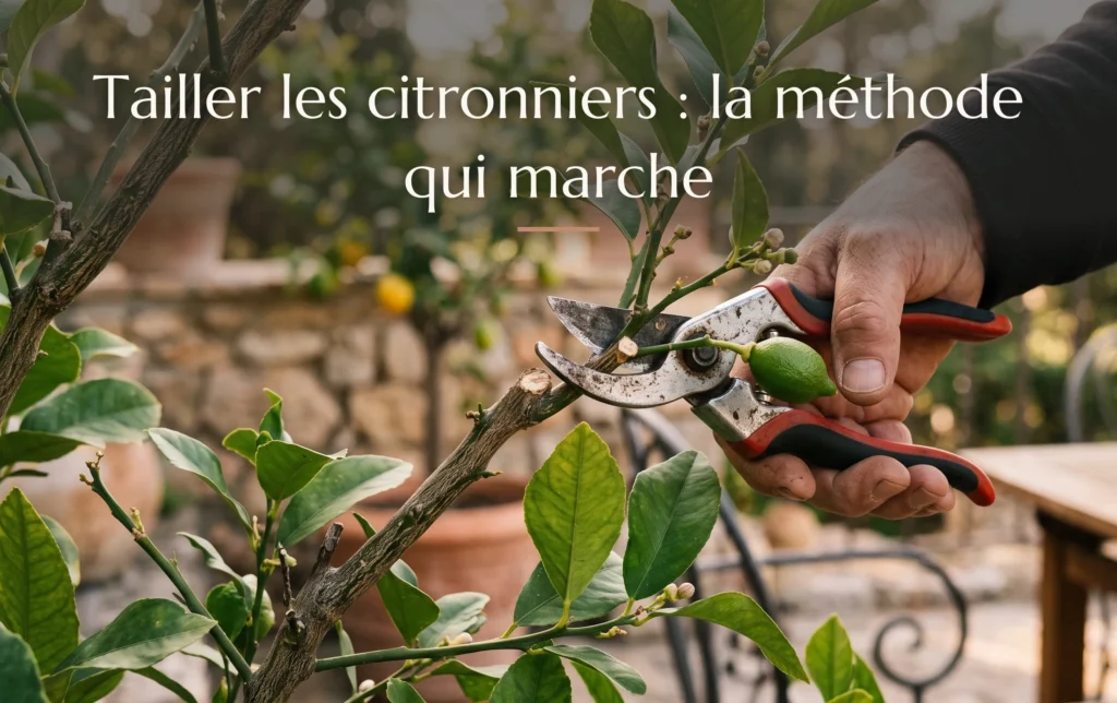 Vue d'ensemble d'un grand citronnier en pot sur une terrasse ensoleillée pour savoir comment tailler les citronniers