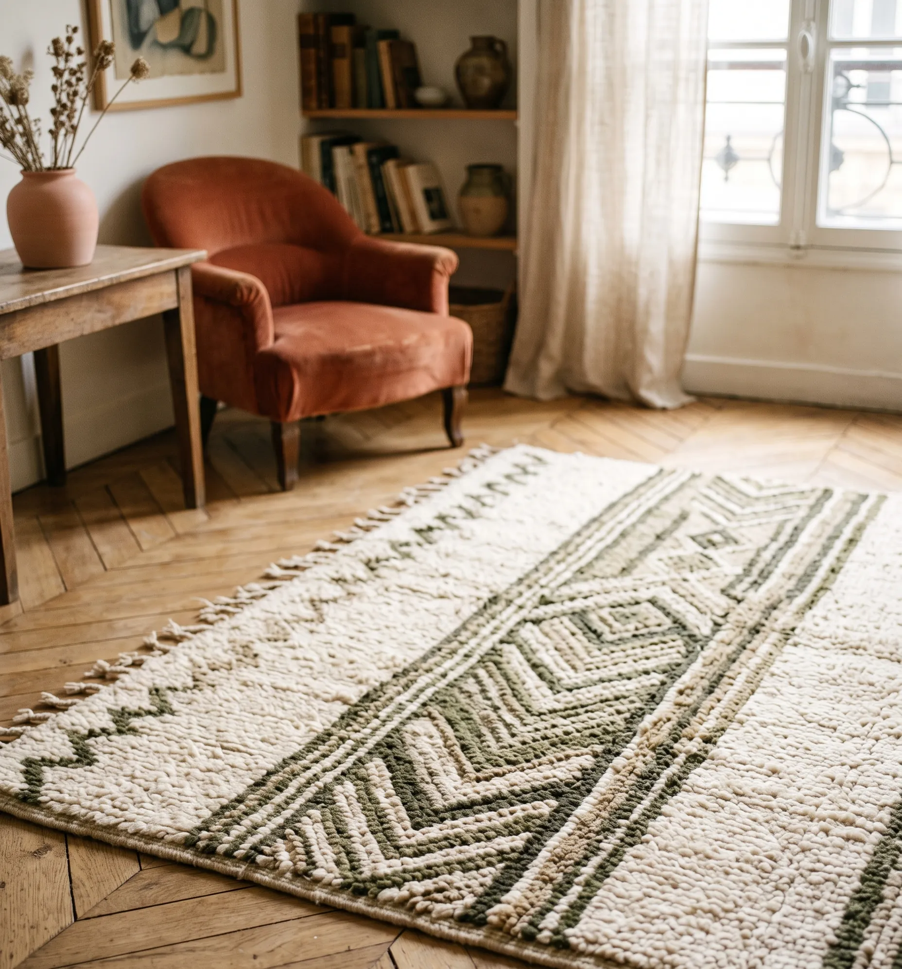 Détail d'un tapis texturé aux accents kaki ancrant élégamment le coin salon