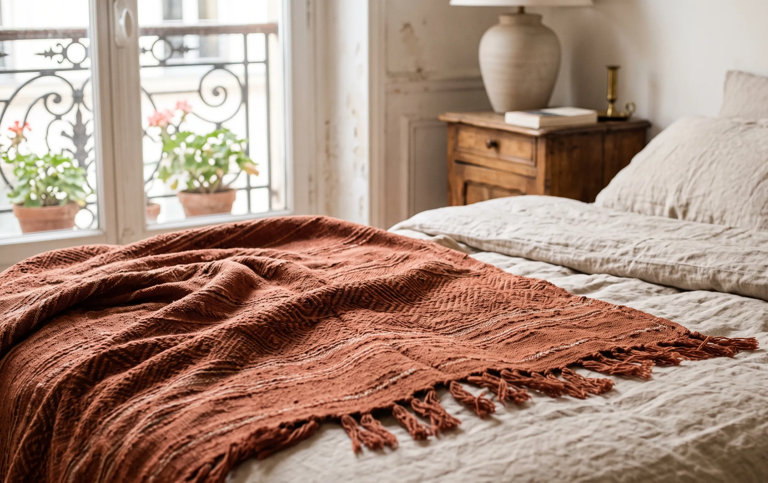 couleur terracotta : Détail d'un plaid en lin aux nuances de terre cuite douce