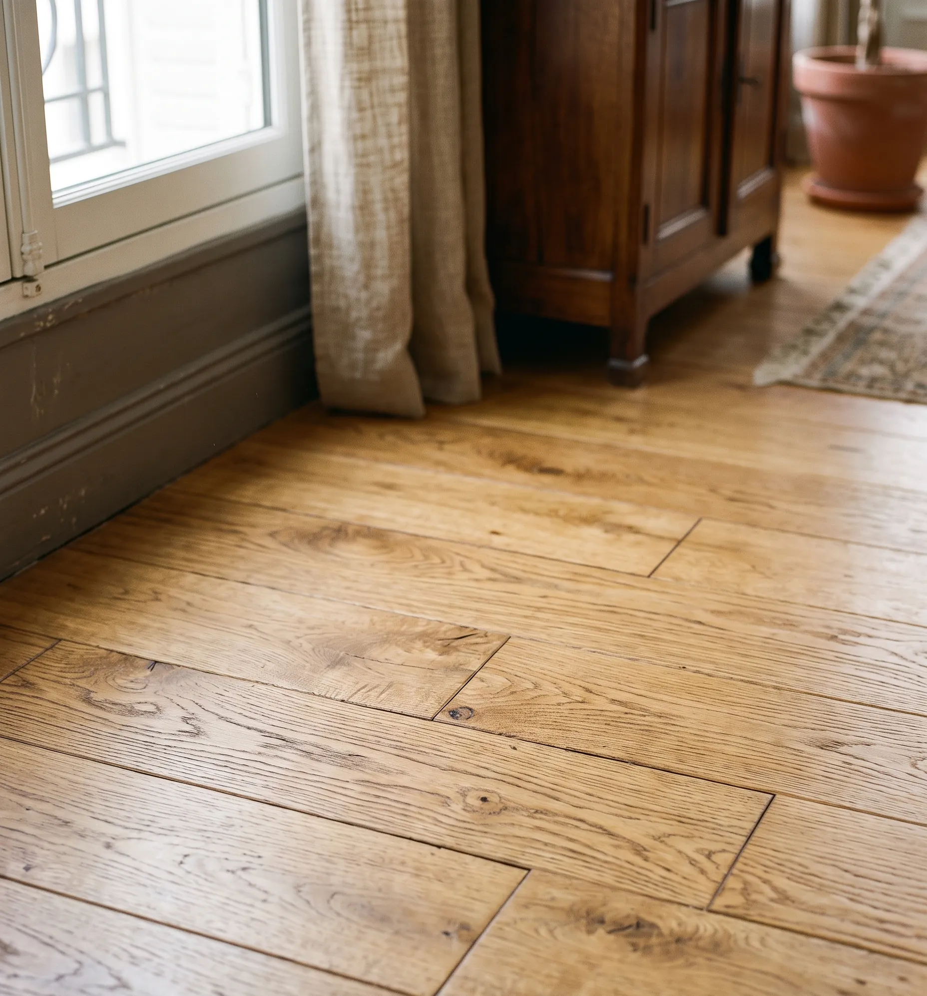 Gros plan sur la texture naturelle et chaleureuse d'un parquet de salle de bain