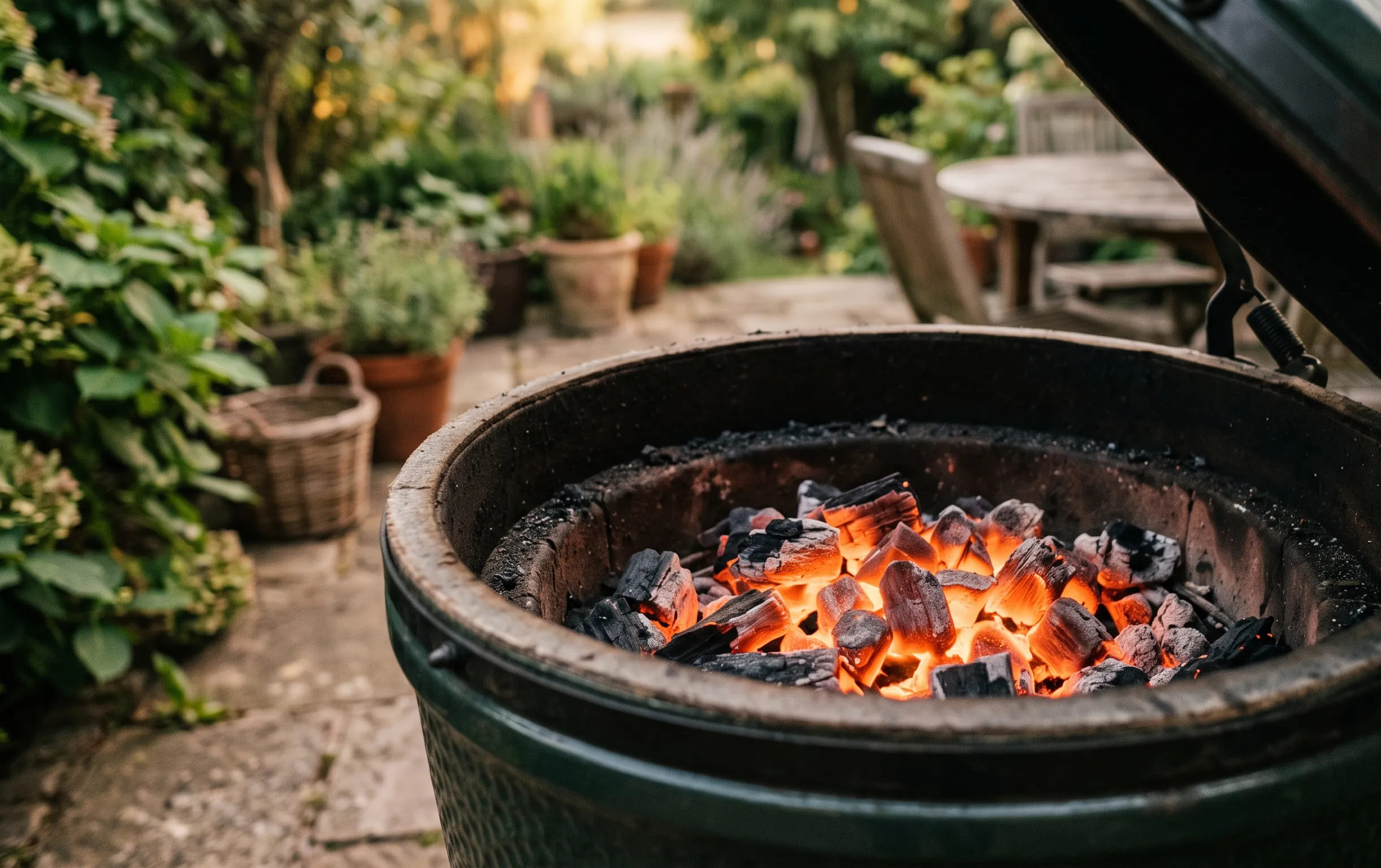 barbecue japonais : Gros plan sur les braises ardentes au fond d'un grill japonais