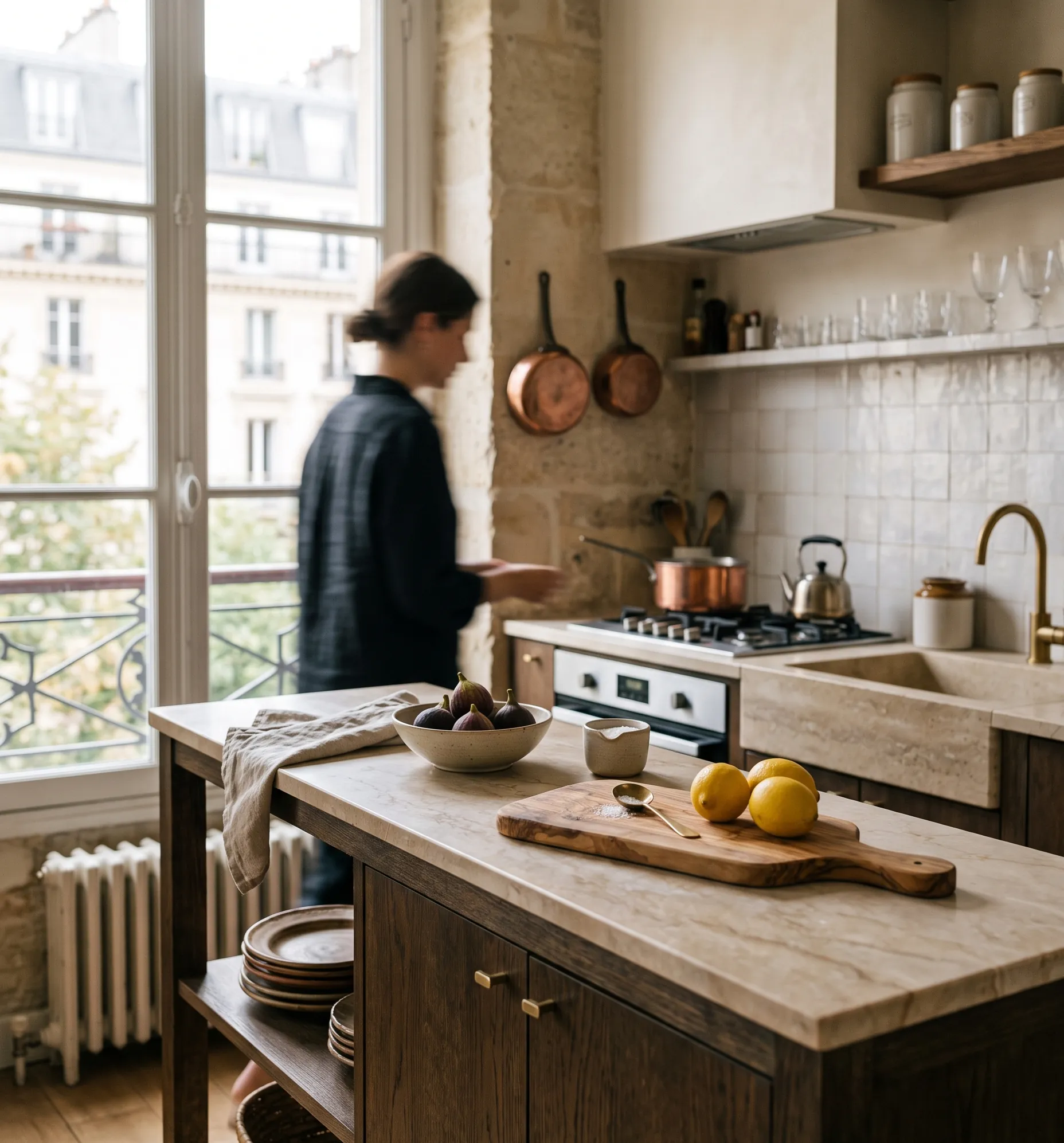 Gros plan sur un îlot de cuisine étroit et effilé conçu pour les espaces restreints.