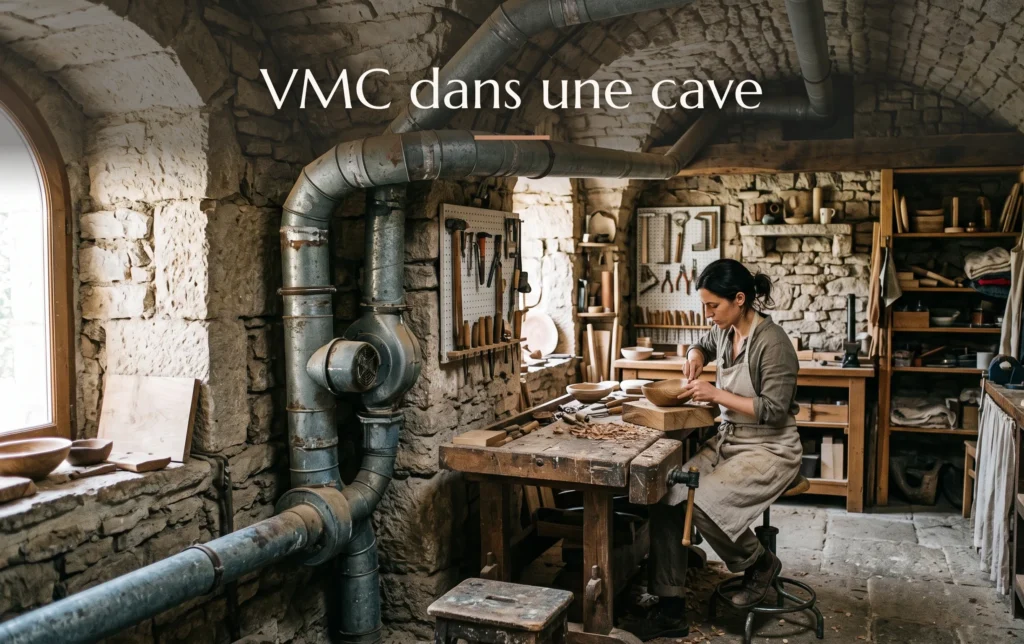 Vue d'ensemble d'une cave en pierre brute aménagée pour l'installation d'un système de ventilation naturelle et technique
